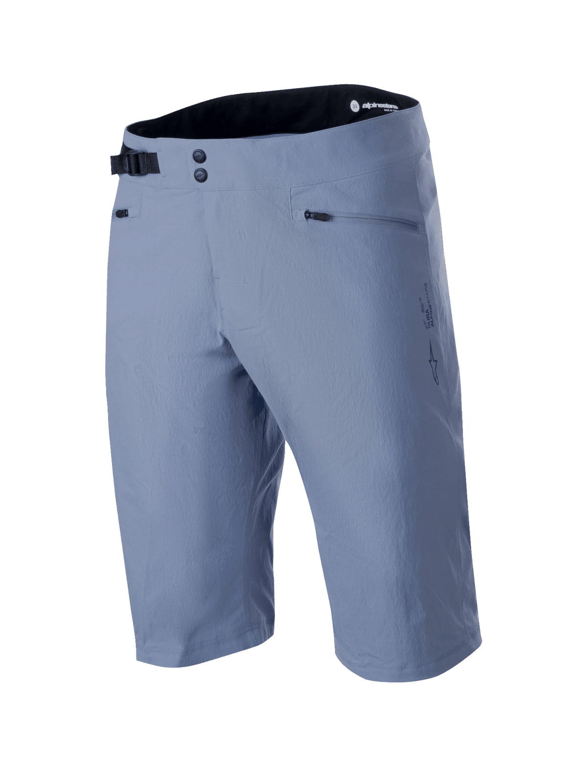 Alpinestars A-Dura Shorts, mountainbike-shorts, Infinity Blue, med dobbelt tryknapslukning foran, justerbart sort spænde i siden, lynlåslommer og tekstureret 2-vejs strækstof, teknisk MTB-beklædning