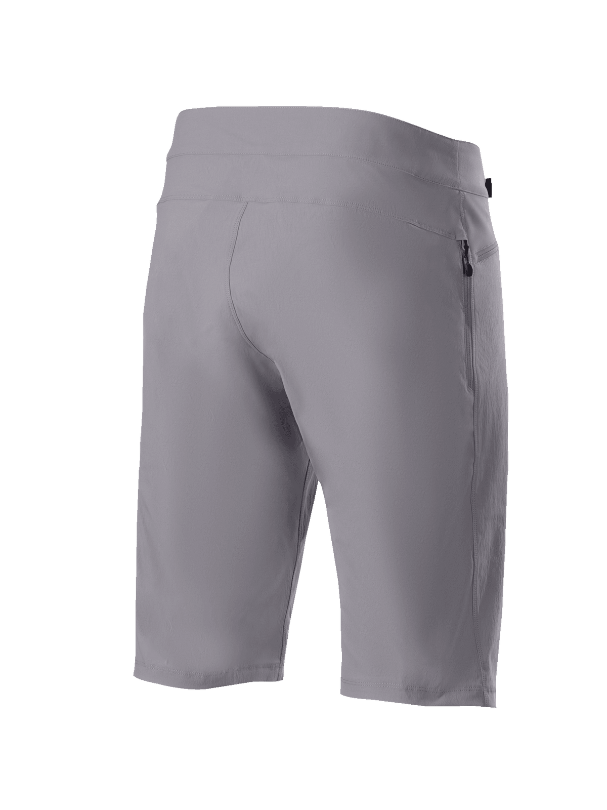 Alpinestars A-Dura Shorts, mountainbike-shorts, mørkegrå, trekvart profil bagfra viser holdbart 2-vejs strækstof og lynlåslomme på siden, teknisk cykeltøj