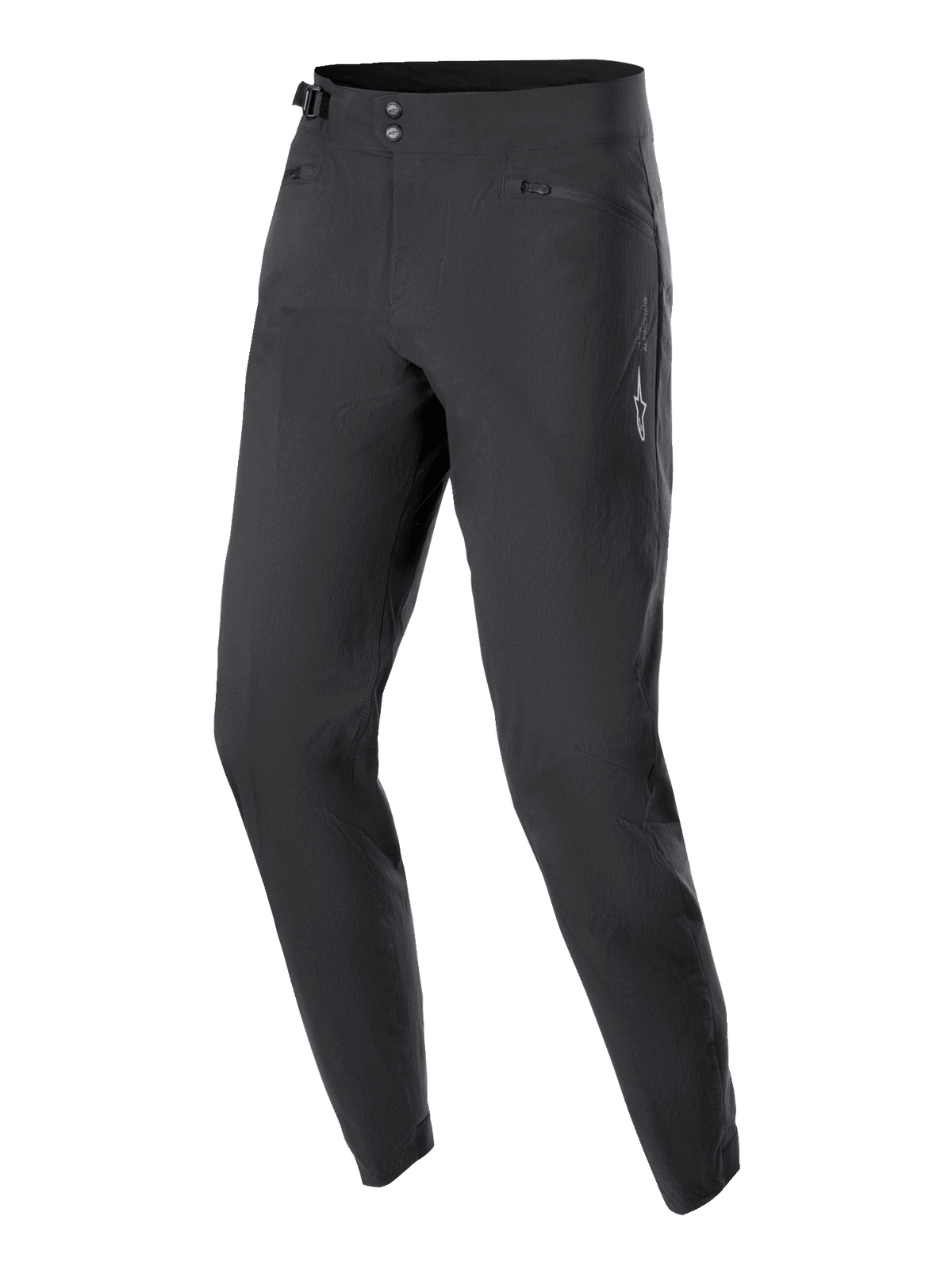 Alpinestars Stella A-Dura bukser til kvinder, MTB-cykelbukser, sorte, med dobbelt trykknaplukning foran, justerbar taljejustering i siderne og lynlåslommer, minimalistisk design med et lille hvidt stjernelogo, holdbart 2-vejs strækstof til terrænkørsel