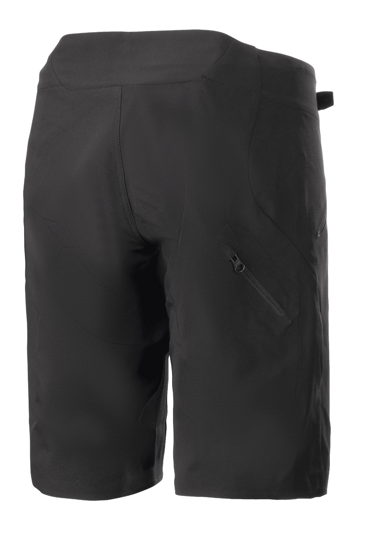 Alpinestars Stella Drop Algorithm shorts til kvinder, sort, mountainbike-shorts, set bagfra med tekniske paneler og diagonal lynlåslomme på højre ben, let og holdbart design til terrænkørsel