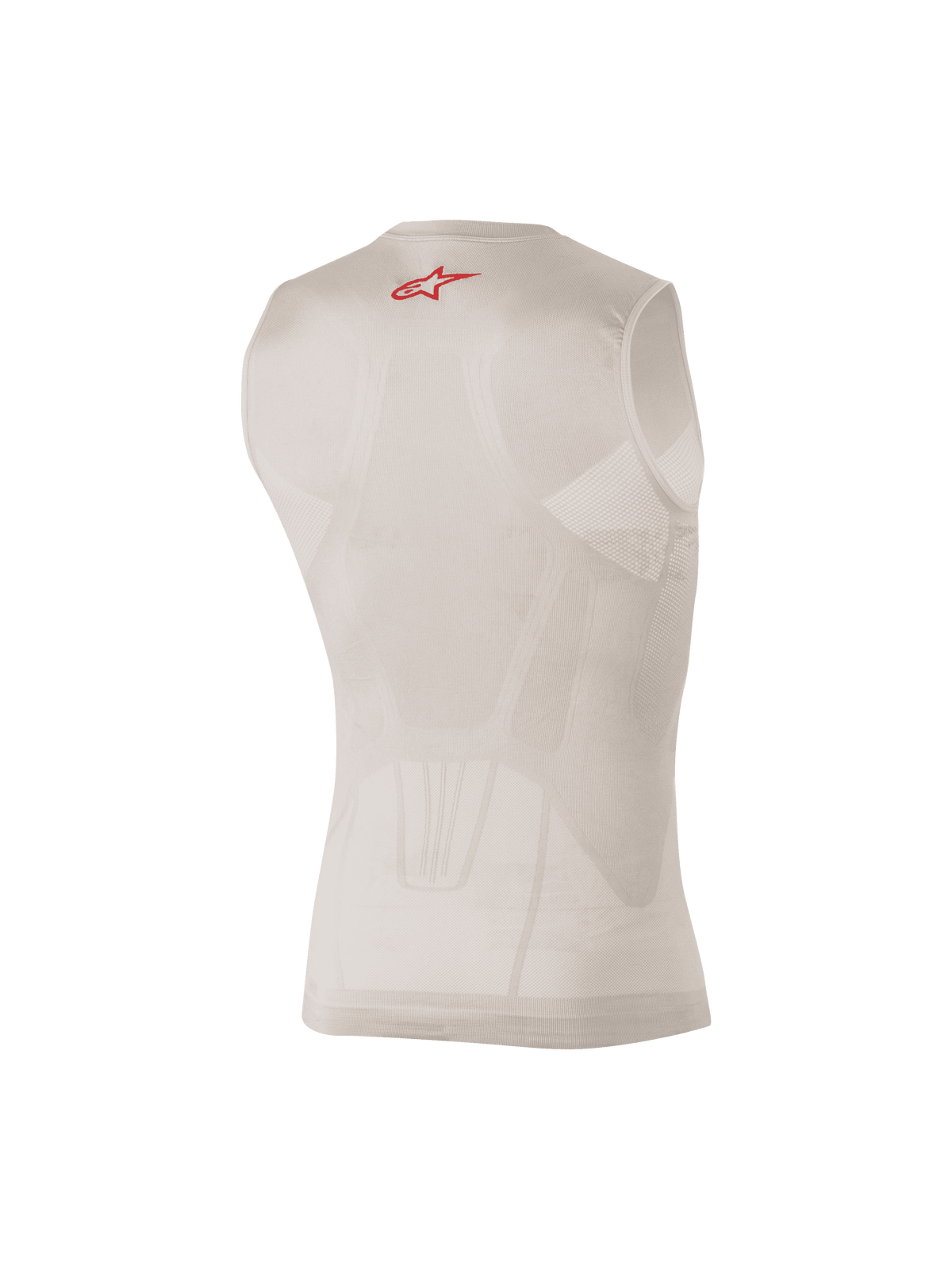 Alpinestars Tech Tank Summer, sølv og rødt ærmeløst basislag, set bagfra med kropszonerede mesh-paneler og et lille rødt logo på den øverste del af ryggen, designet til fugttransportering og køling under motocross- eller MTB-udstyr.