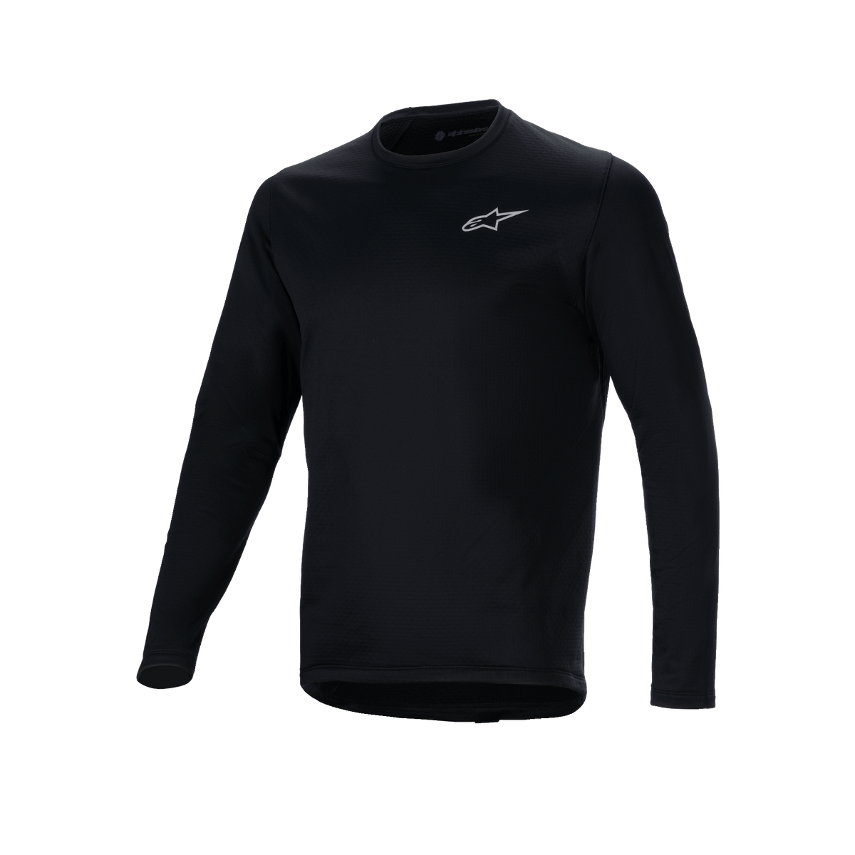 Alpinestars A-Dura Thermal Jersey, sort langærmet cykeltrøje, lille hvidt Alpinestars-logo på brystet, forlænget bagstykke for dækning af ryggen, isoleret fleeceforing til mountainbike i koldt vejr