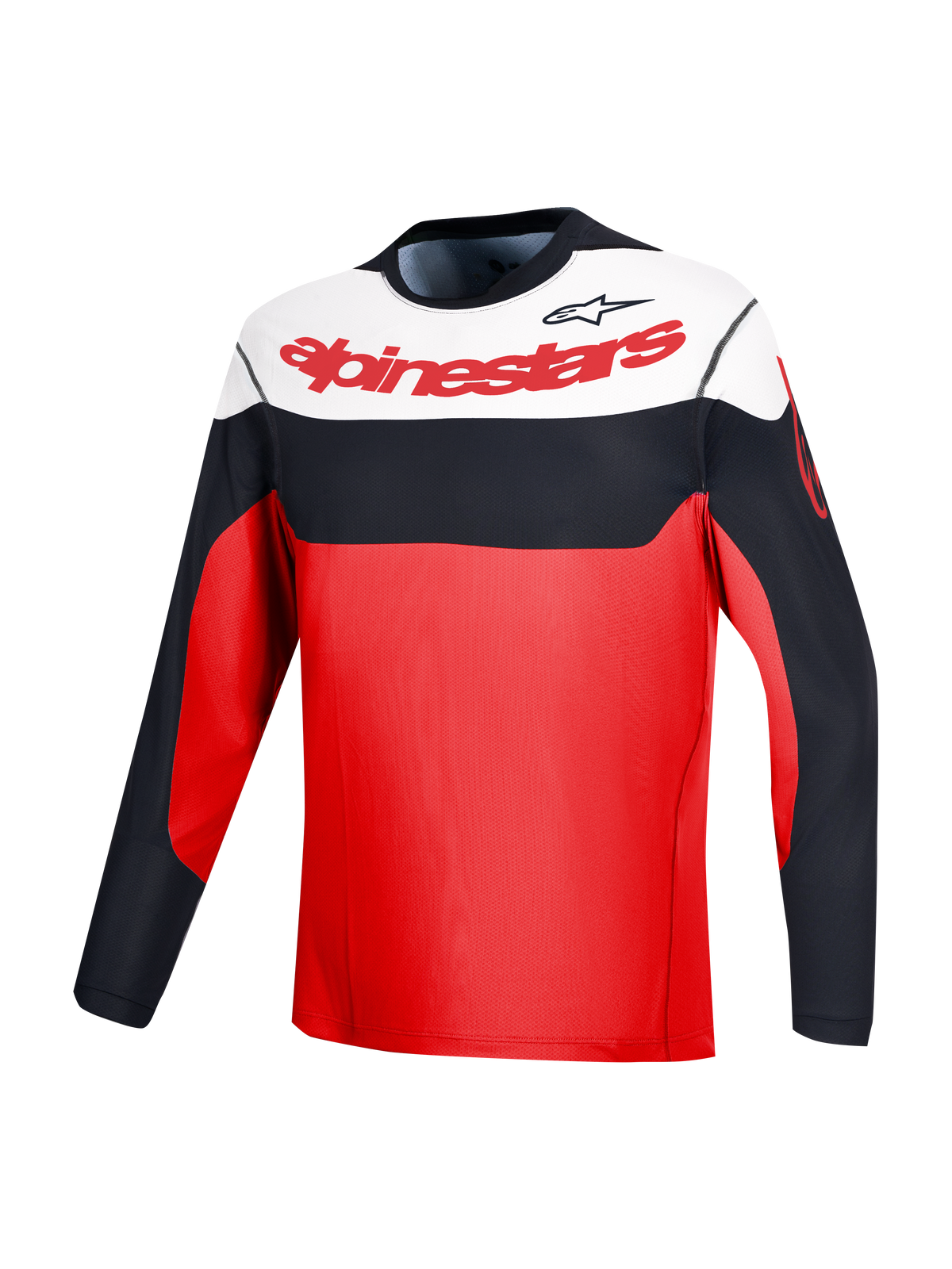 Rød A-Dura Race langærmet trøje med Alpinestars-logo og sort/hvid farveblokering til MTB.