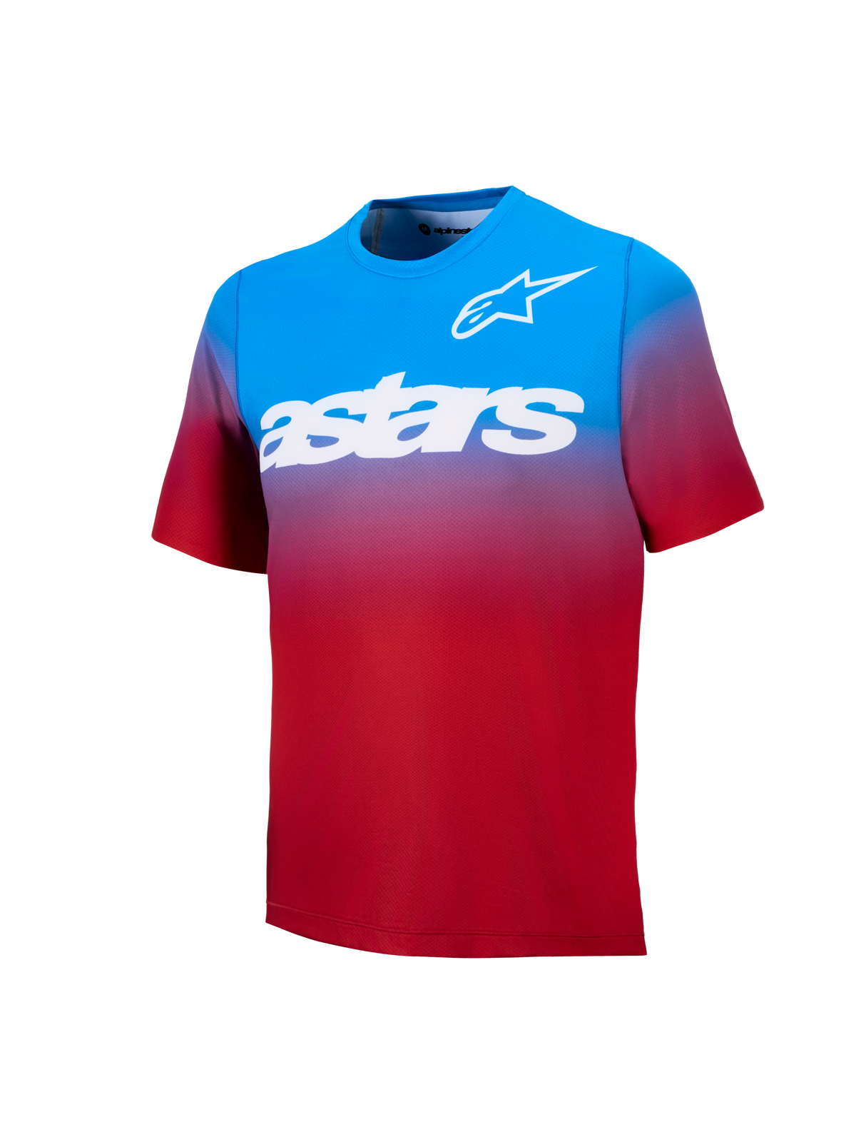 Alpinestars A-Dura ASTARS 2.0 kortærmet MTB-jersey i rød og blå gradient med markant hvid brystgrafik.