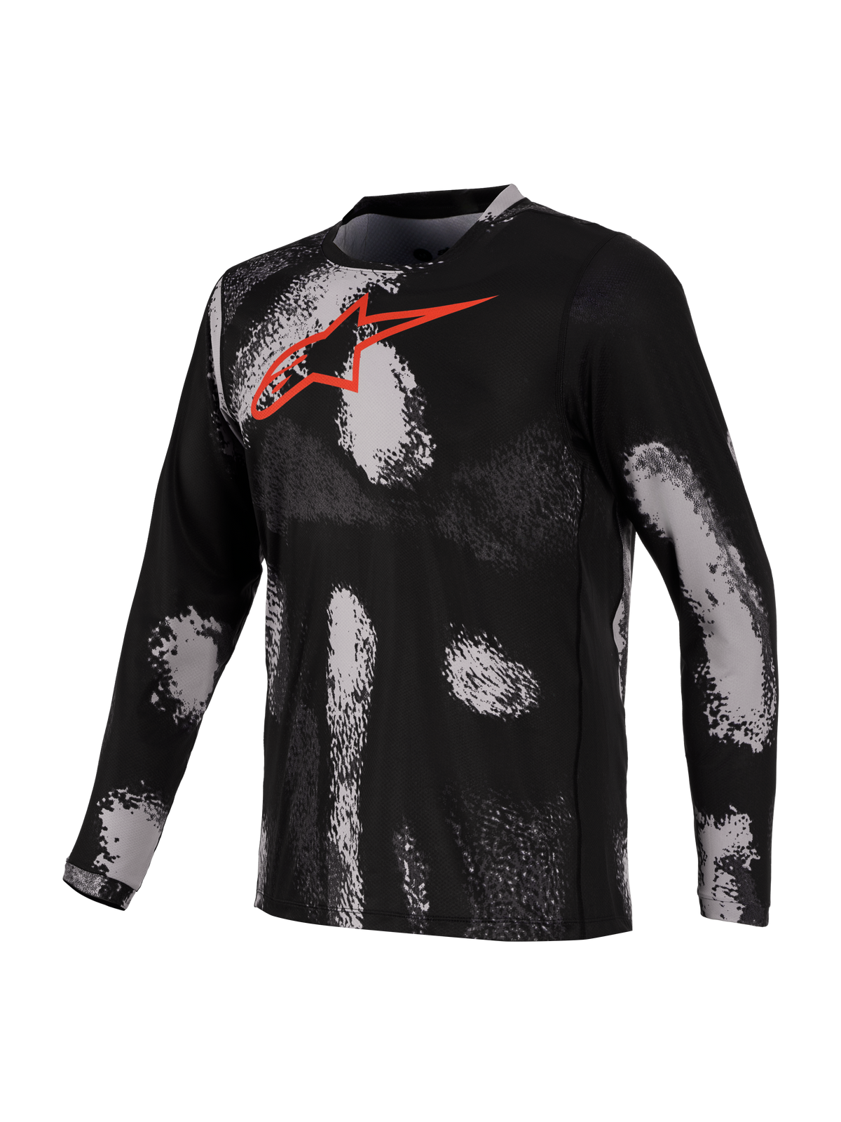 Alpinestars A-Dura Ride Trøje, langærmet MTB-trøje, sort camouflage med rød brystlogo, hurtigttørrende genanvendt poly/elastan-stof
