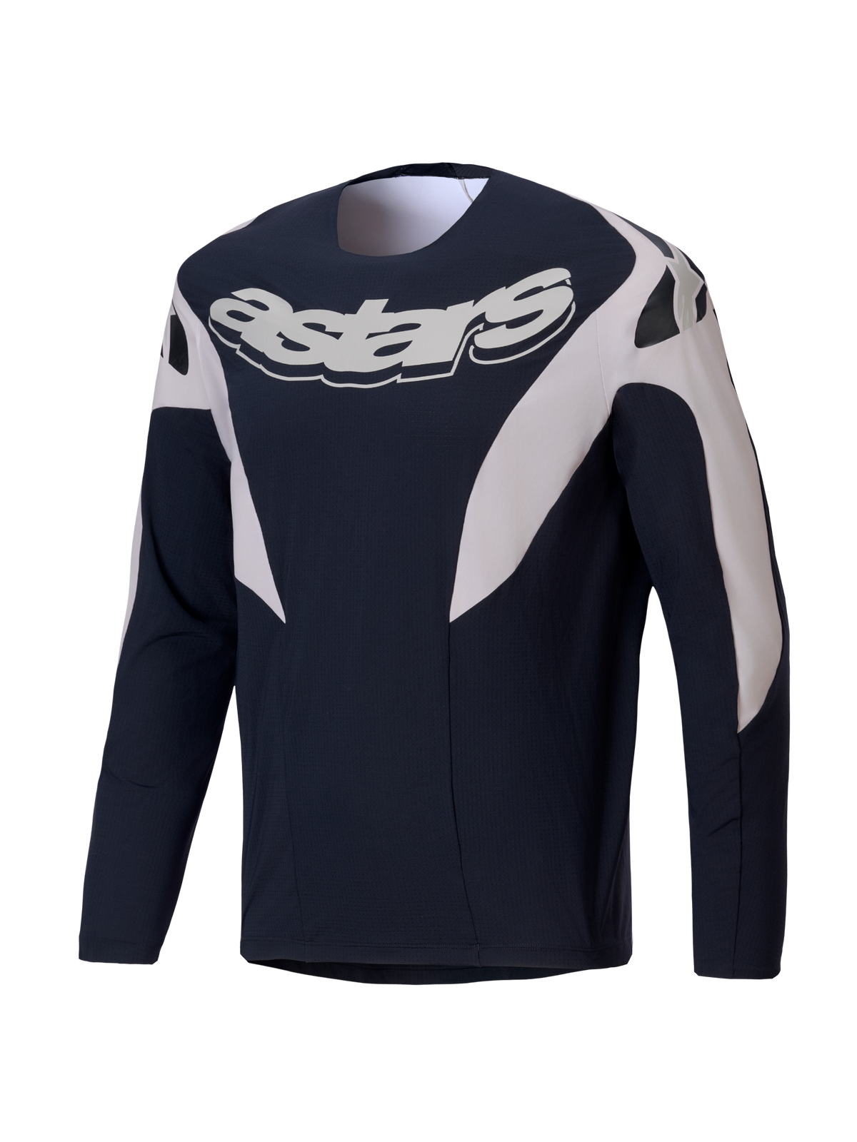 Alpinestars A-Supra Melt Trøje, sort og hvid langærmet MTB-racingtrøje med dristig brystlogografik og ventileret stretch-konstruktion