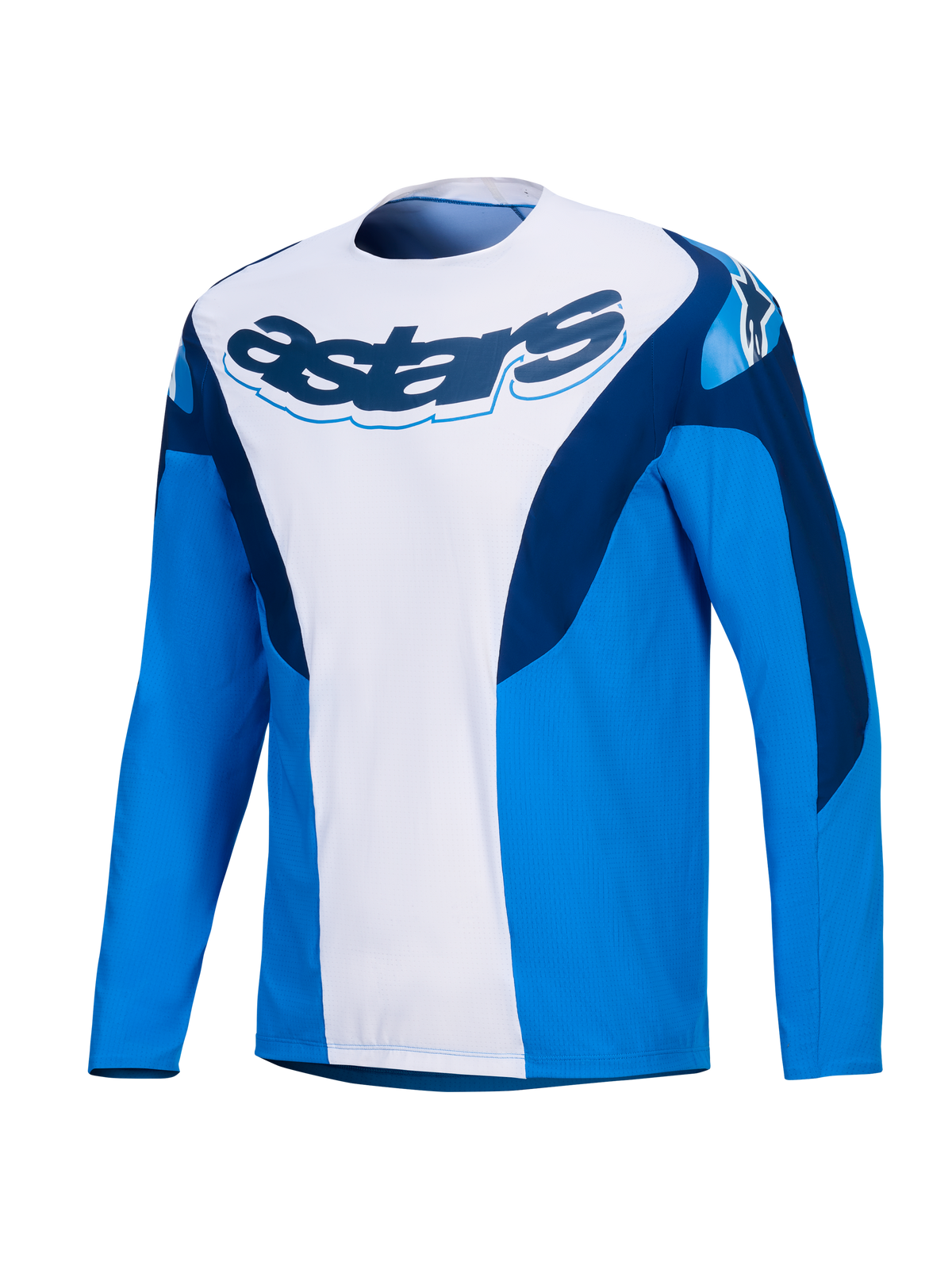 Alpinestars A-Supra Melt Trøje, langærmet MTB-cykeltrøje i blå og hvid med mørkeblåt branding og strækpaneler, herre off-road performance-tøj