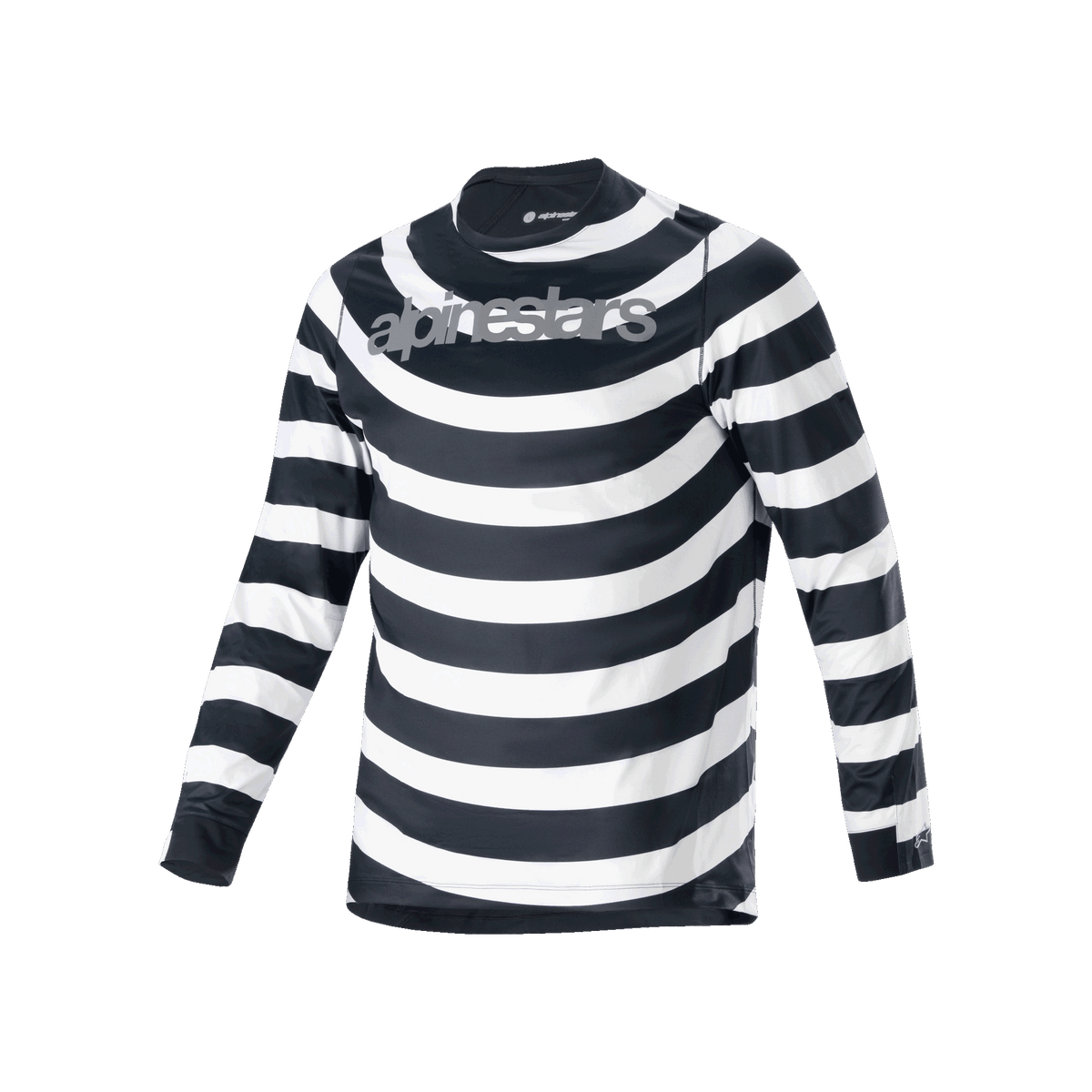 Alpinestars A-Aria Oscar Jersey, langærmet MTB-trøje, sorte og hvide spiralformede vandrette striber, gråt Alpinestars-logo på brystet, let og åndbart performance-cykeludstyr