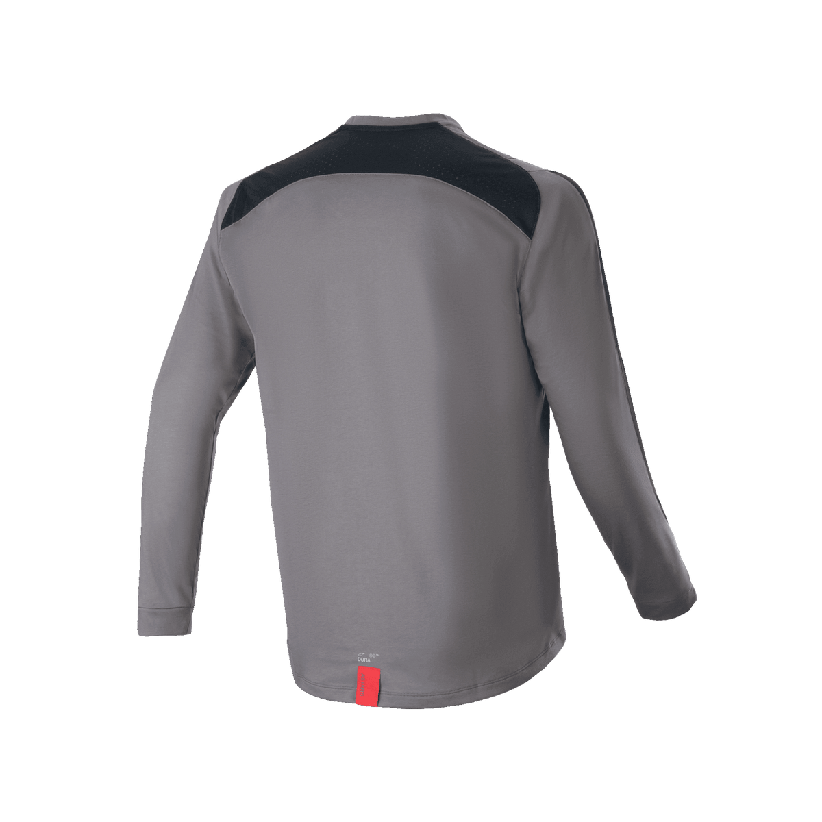Alpinestars A-Dura Dri Astar langærmet jersey, mørkegrå, set bagfra med sorte mesh-ventilationspaneler over skuldrene og et lille rødt mærke ved sømmen, teknisk mountainbike-tøj