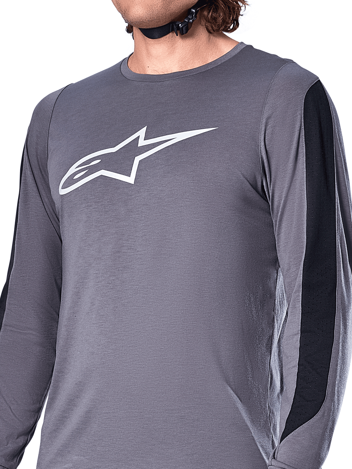 Alpinestars A-Dura Dri Astar Jersey, langærmet, mørkegrå, hvidt Astars-logo på brystet, sorte mesh-paneler på ærmerne, performance mountainbike-tøj