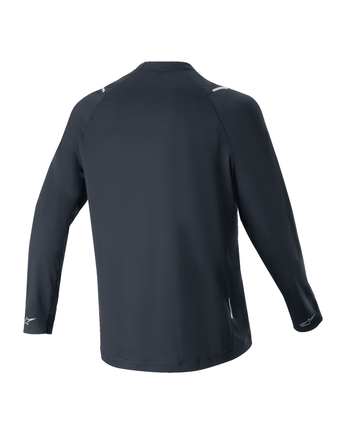 Alpinestars A-Aria Switch langærmet jersey, sort, set bagfra, letvægts og åndbart polyesterstof, med et længere rygstykke for dækning og reflekterende Alpinestars-logoer på manchetterne, performance fit til mountainbike-kørsel