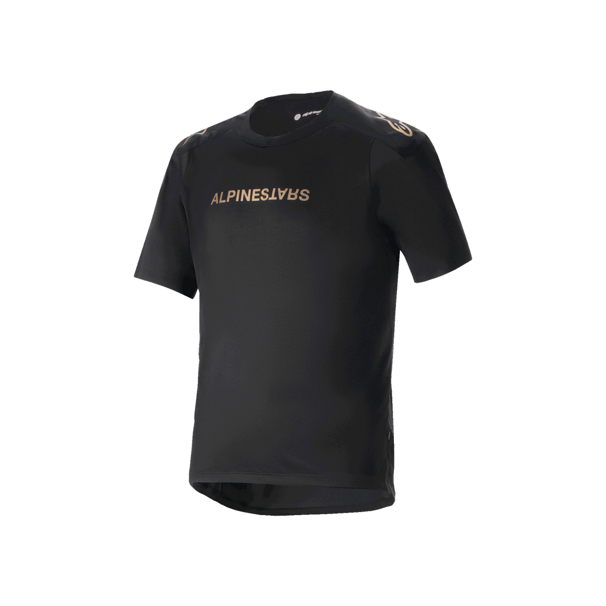 Alpinestars A-Aria Polartec Switch kortærmet trøje, sort mountainbike-trøje, bronze-tonet Alpinestars-branding på bryst og skuldre, teknisk fugttransporterende stof, performance fit med forlænget rygstykke