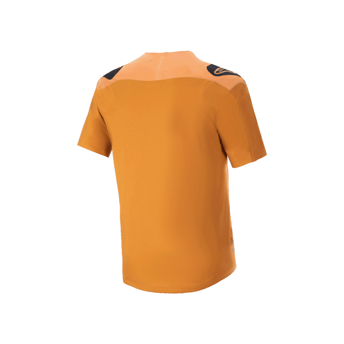 Alpinestars A-Aria Polartec Switch Jersey, Short Sleeve MTB Jersey, Dark Gold, Rear view with black shoulder logos and longer drop tail, performance mountain bike apparel