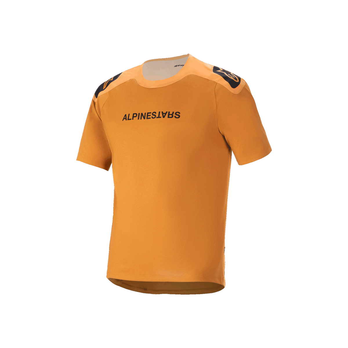 Alpinestars A-Aria Polartec Switch Short Sleeve Jersey, Dark Gold, black Alpinestars text on chest, shoulder logos, technical mountain bike apparel with drop tail design