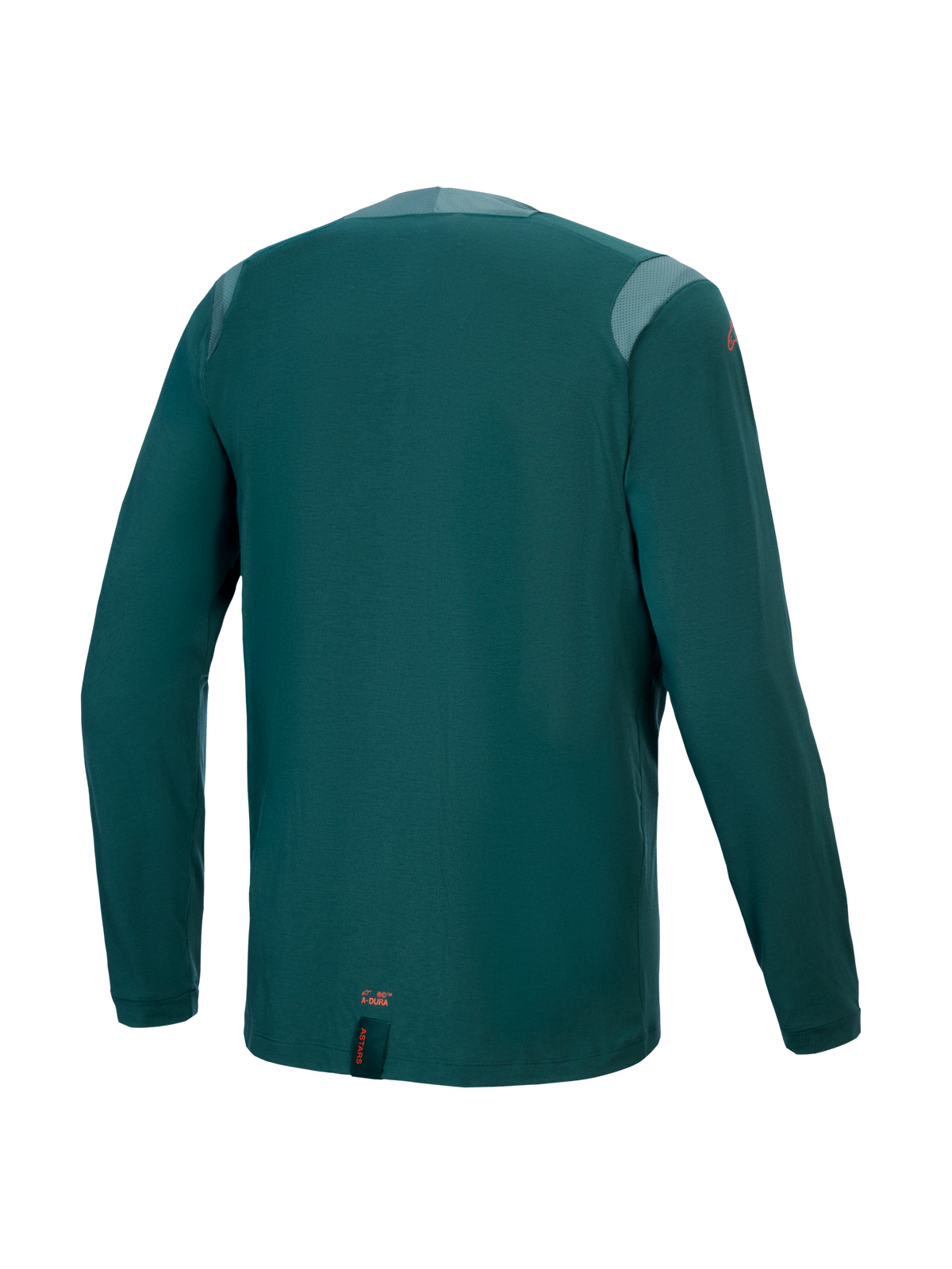 Alpinestars A-Dura Dri Wool Jersey - Long Sleeve, Dark Pine, back view featuring mesh panels on the shoulders and collar, technical wool-blend fabric, dropped tail for MTB coverage, small orange branding at the lower hem