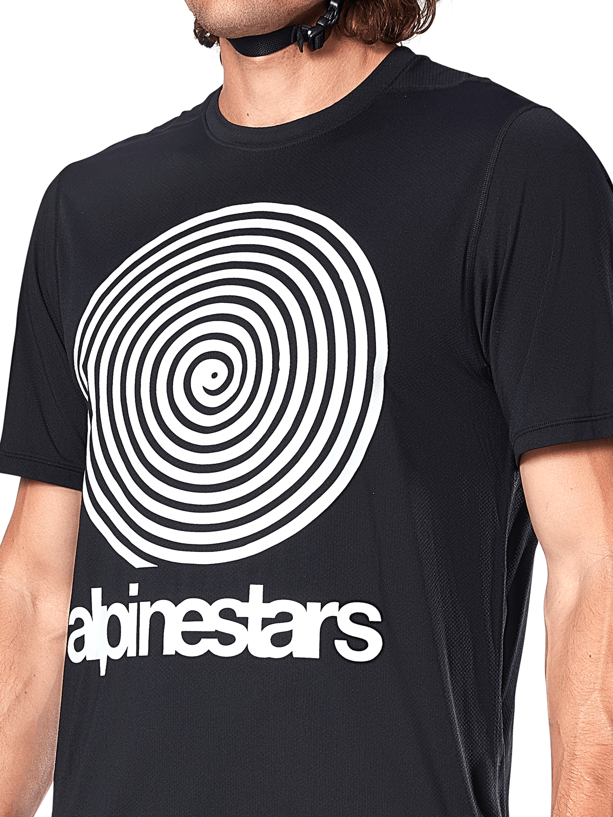 Alpinestars A-Dura Oscar trøje, kortærmet MTB-jersey, sort, med en stor hvid vintage Oscar-spiralgrafik og Alpinestars-ordmærke på brystet, performance cykeltøj