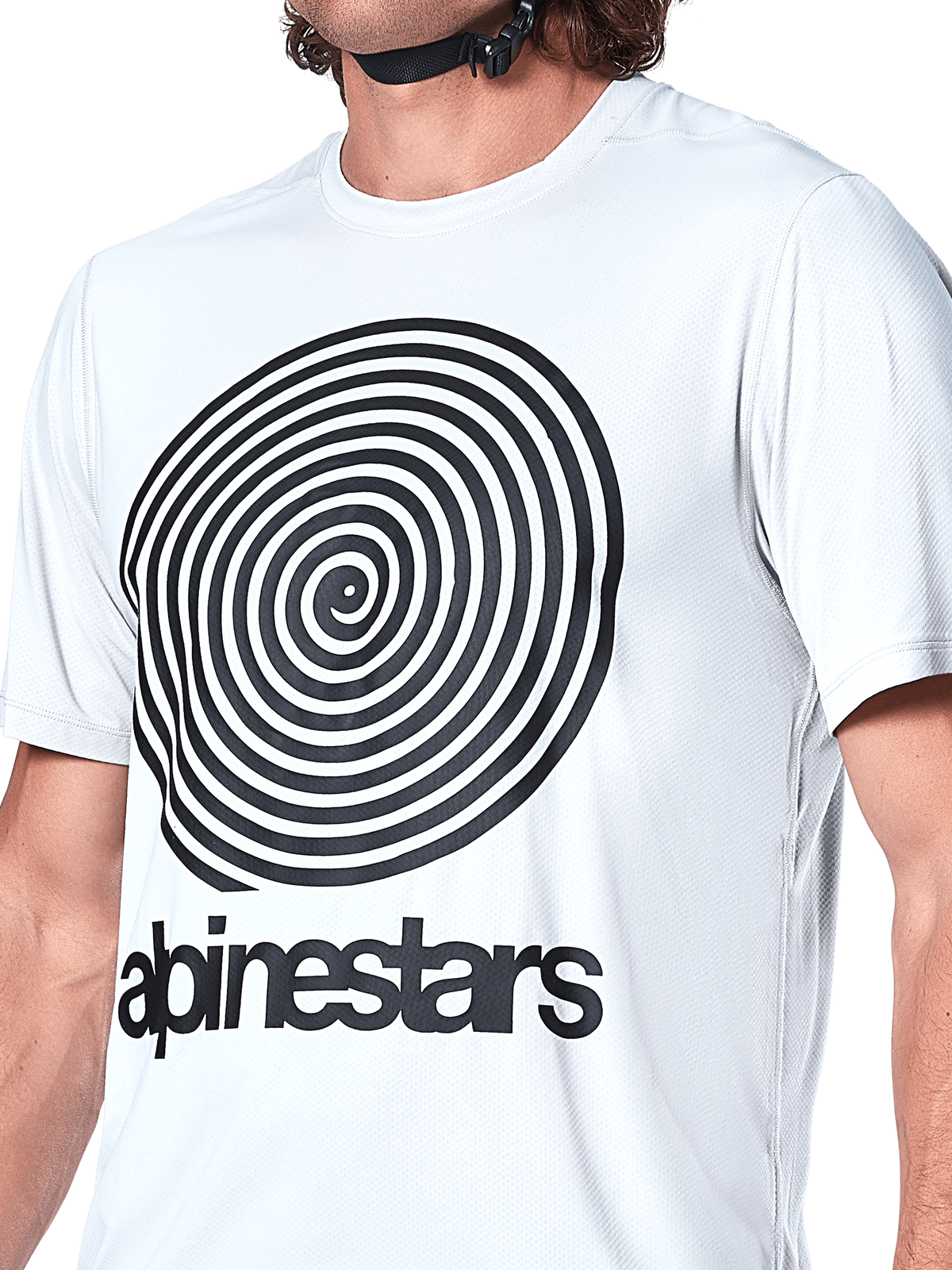 Alpinestars A-Dura Oscar Jersey, kortærmet MTB-trøje, White Dove, stor sort spiral Oscar-grafik på brystet, serigraferet Alpinestars-navnetræk, jacquard-strikket tekstur, performance cykeltøj