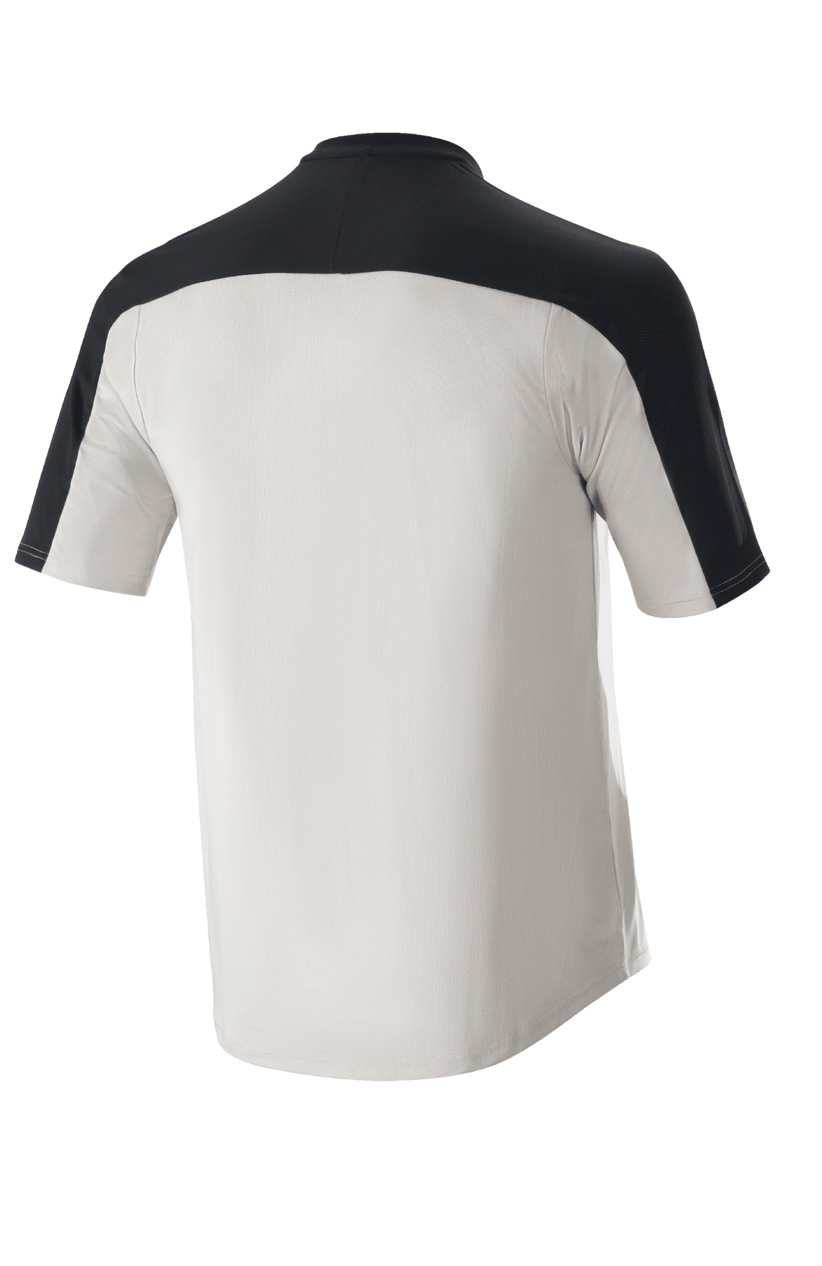 Alpinestars Drop Meta Jersey - kortærmet, MTB-trøje, lysegrå og sort, set bagfra med sort skulderstykke og forlænget ryg, åndbar mesh-konstruktion til terrænkørsel