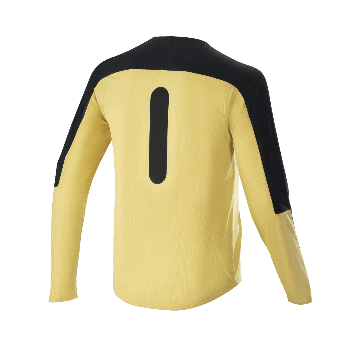 Alpinestars Drop Meta Jersey - Long Sleeve, Mountain Bike Jersey, Gold and Black, back view showing black shoulder panels and vertical graphic, lightweight mesh fabric with extended tail for MTB trail riding