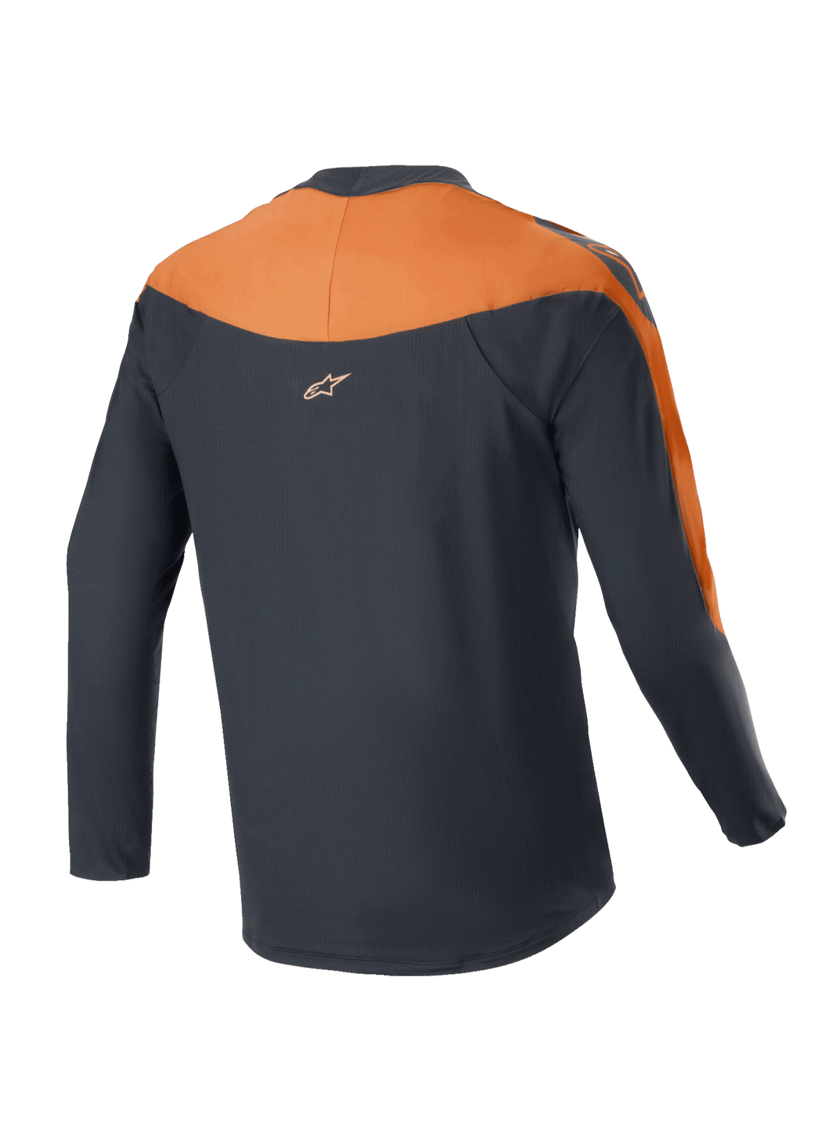 Alpinestars A-Supra Race Jersey - langærmet, MTB-trøje, sort og orange, set bagfra med orange paneler på skuldre og ærmer, lille Alpinestars-logo på øverste del af ryggen, forlænget rygstykke for optimal dækning under cykling