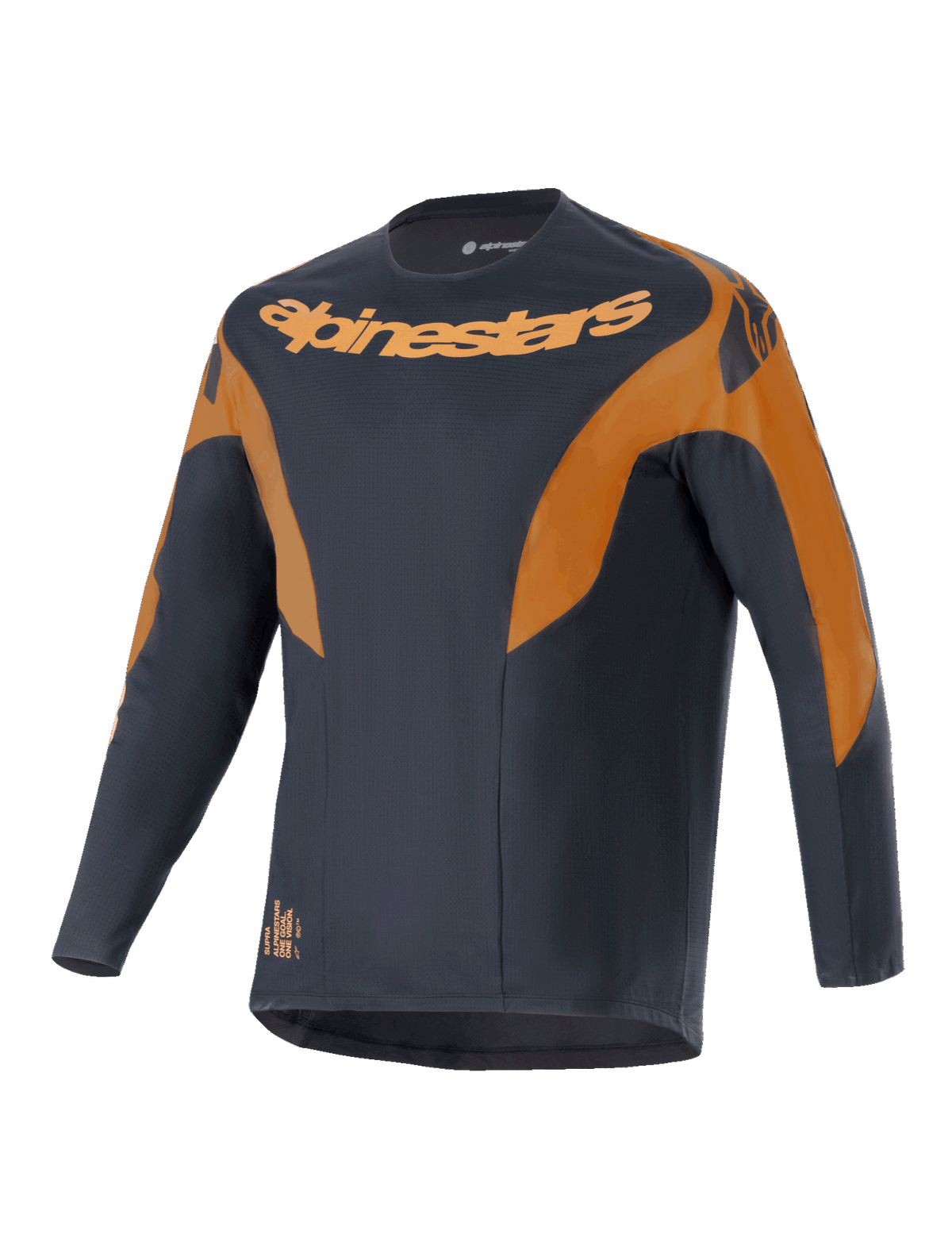 Alpinestars A-Supra Race Jersey, langærmet MTB-trøje, sort med orange detaljer, markant Alpinestars-logo på brystet og skuldrene, mikroperforeret polyesterstof, racerinspireret design