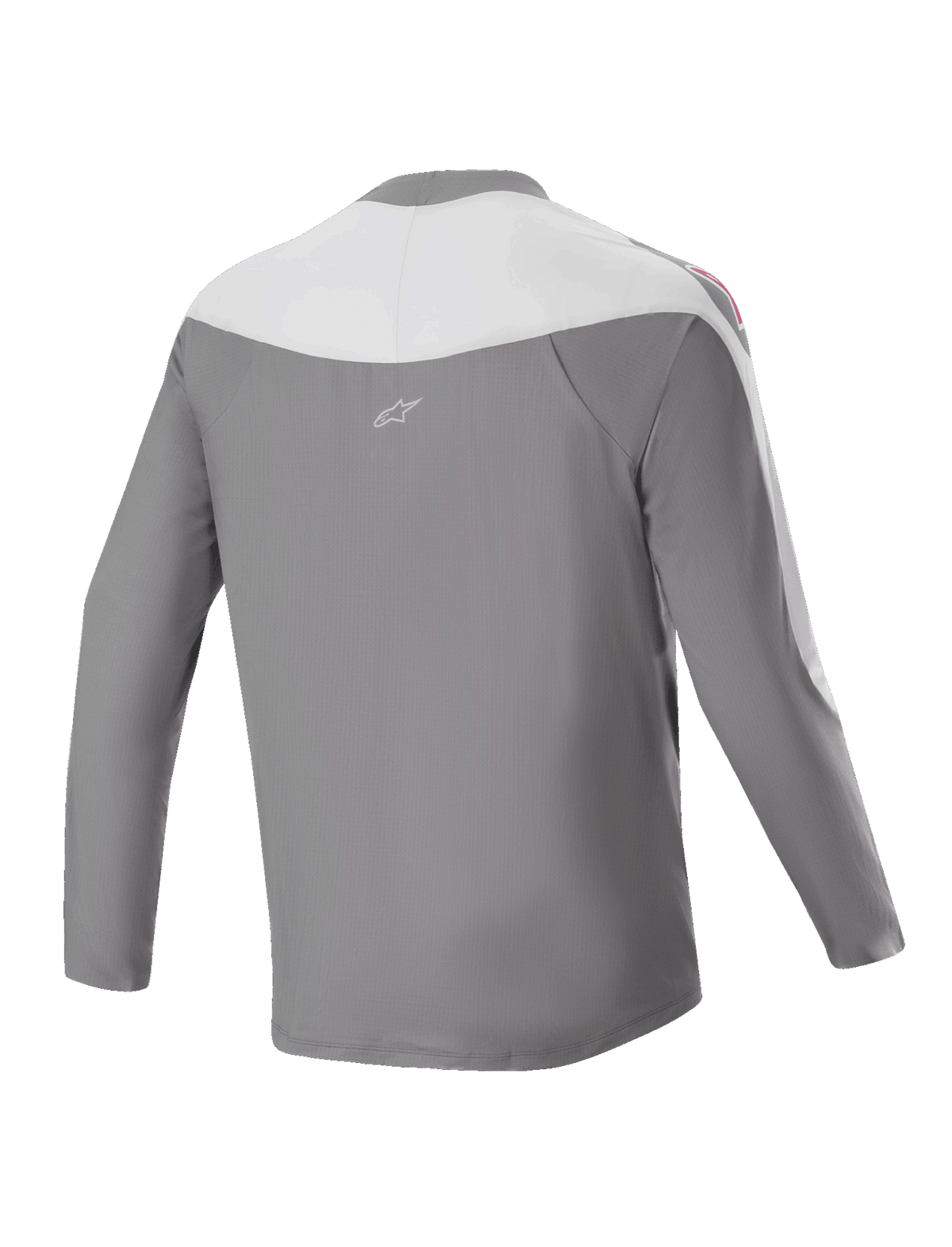 Alpinestars A-Supra Race Jersey, langærmet MTB-trøje, mørkegrå og hvid, set bagfra med lille stjernelogo, rød grafik på skuldrene, performance pasform til terrænkørsel