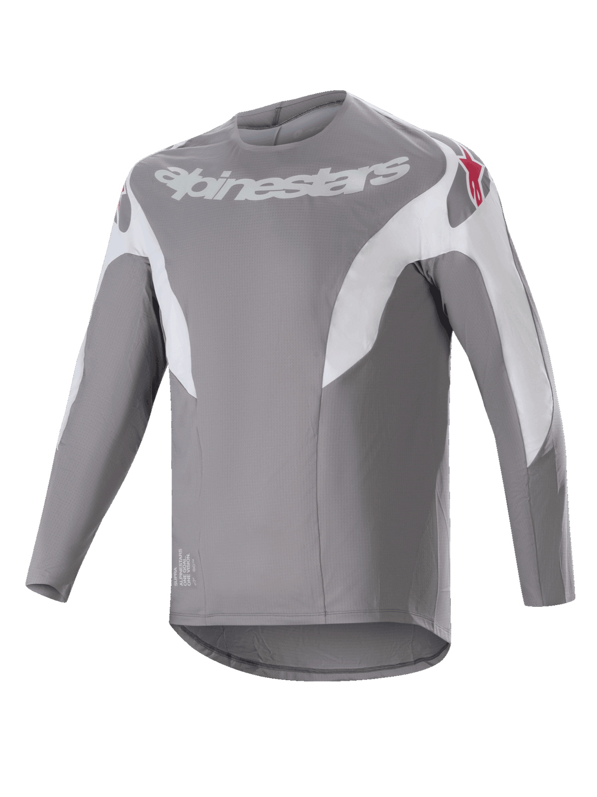 Alpinestars A-Supra Race trøje, langærmet MTB-trøje, mørkegrå med hvide paneler, hvidt Alpinestars-logo på brystet og røde stjernelogoer på skuldrene, teknisk mikroperforeret materiale med forlænget rygstykke til terrænkørsel