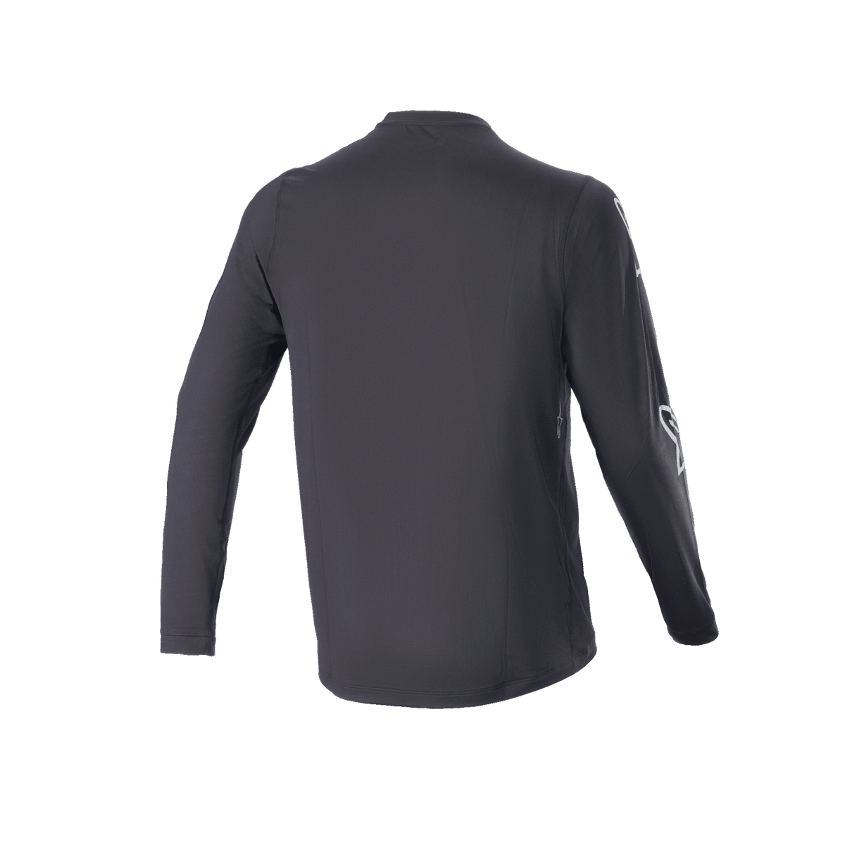 Alpinestars A-Dura Switch langærmet trøje, sort, set bagfra, viser forlænget ryg og diskret logo på ærmet, letvægts MTB trail cykeltrøje