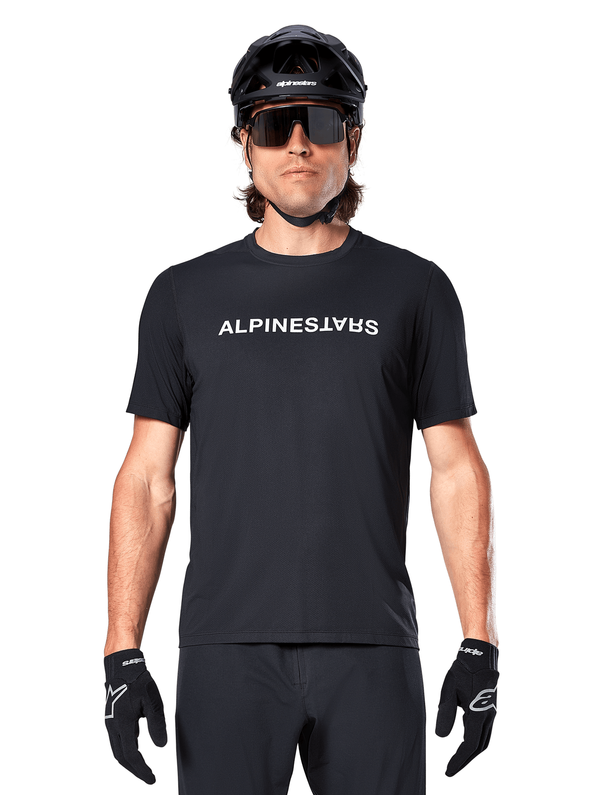 Alpinestars A-Dura Switch kortærmet trøje, sort herre MTB-trailgear med hvidt logo og fugttransporterende tekstil.