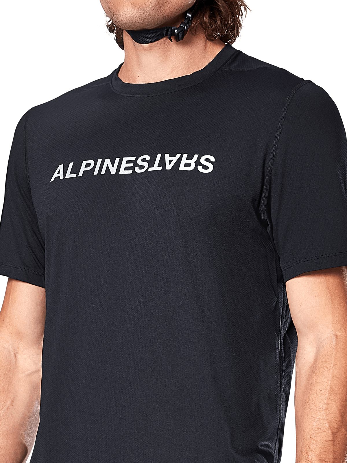 Alpinestars A-Dura Switch trøje, kortærmet MTB-trøje til herrer, sort med hvidt logo, jacquard-stof, nærbillede forfra