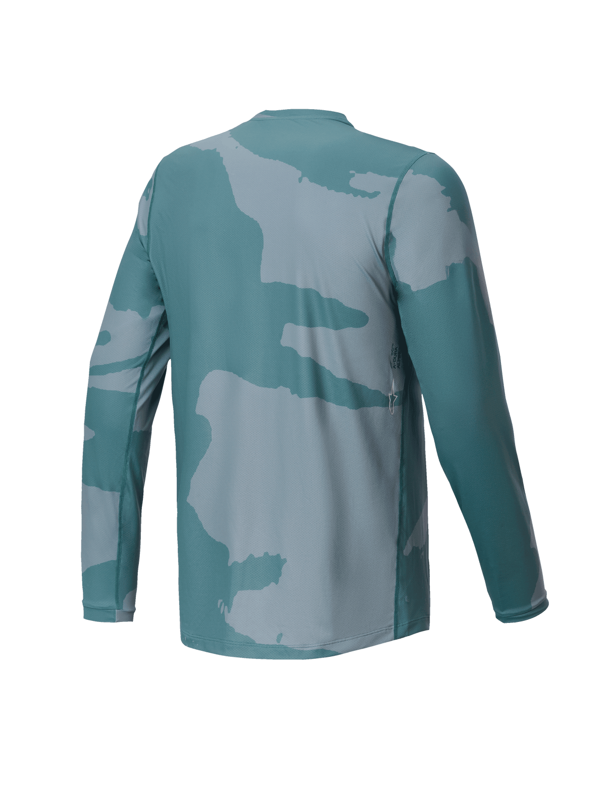 Alpinestars Youth A-Dura Hollow Camo Jersey, langærmet MTB-trøje, Silver Pine Camo-grøn, set bagfra med lille logodetalje og forlænget rygstykke for dækning under cykling