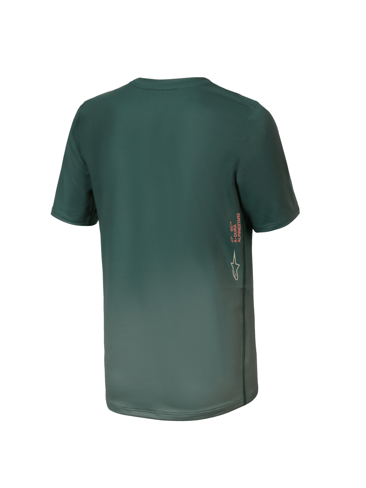Alpinestars Youth A-Dura Rise trøje, kortærmet MTB-trøje, Silver Pine, set bagfra med lodret A-DURA og Astars logo-branding på siden, længere rygkant, teknisk fugttransporterende stof