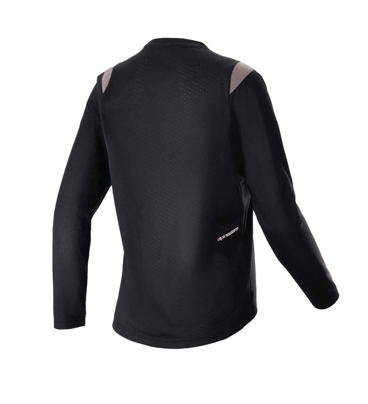Alpinestars Dame Stella Alps Escape langærmet trøje, sort med grå skulderdetaljer, set bagfra med perforeret mesh-panel på ryggen for ventilation og lille Alpinestars-logo, mountainbike-cykeludstyr