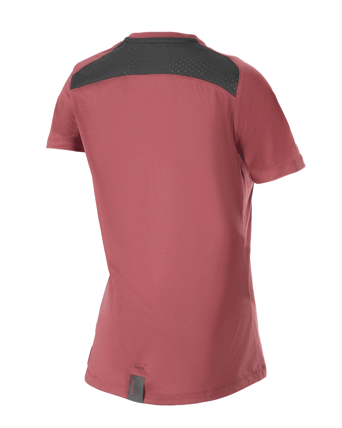 Alpinestars Stella A-Dura Dri Switch trøje til kvinder, kortærmet mountainbike-trøje, vinrød, set bagfra med sort mesh-panel til ventilation og længere drop tail-design