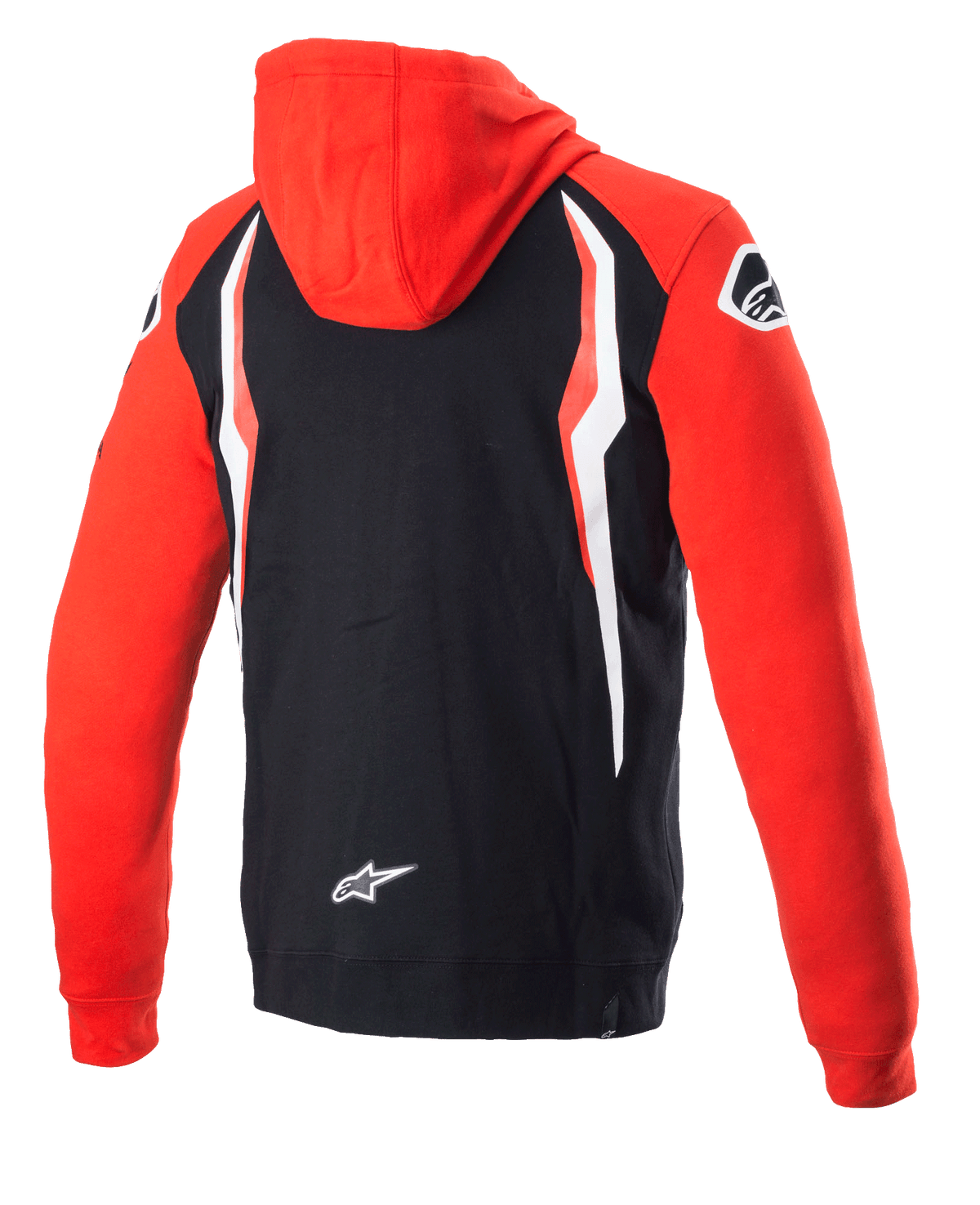 Alpinestars Honda Zip hættetrøje, rød og sort, set bagfra, co-branded fleece med rød hætte og ærmer, sort ryg med hvide og røde kontrastpaneler, Alpinestars stjernelogo nederst på ryggen, afslappet motorsport-inspireret streetwear