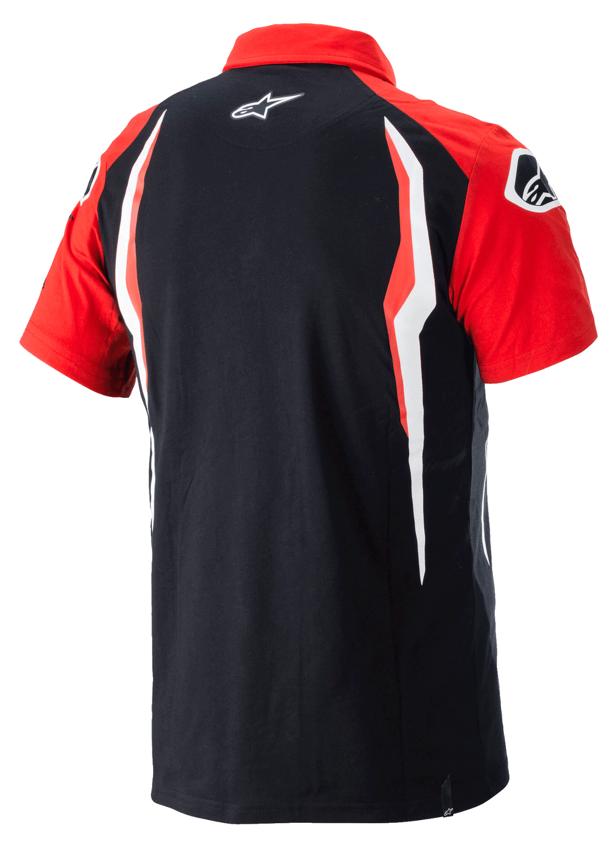 Alpinestars Honda Polo, kortærmet poloshirt, rød og sort, set bagfra med kontrastpaneler i siderne og Alpinestars-logo på ryggen, afslappet motorsport-sportstøj