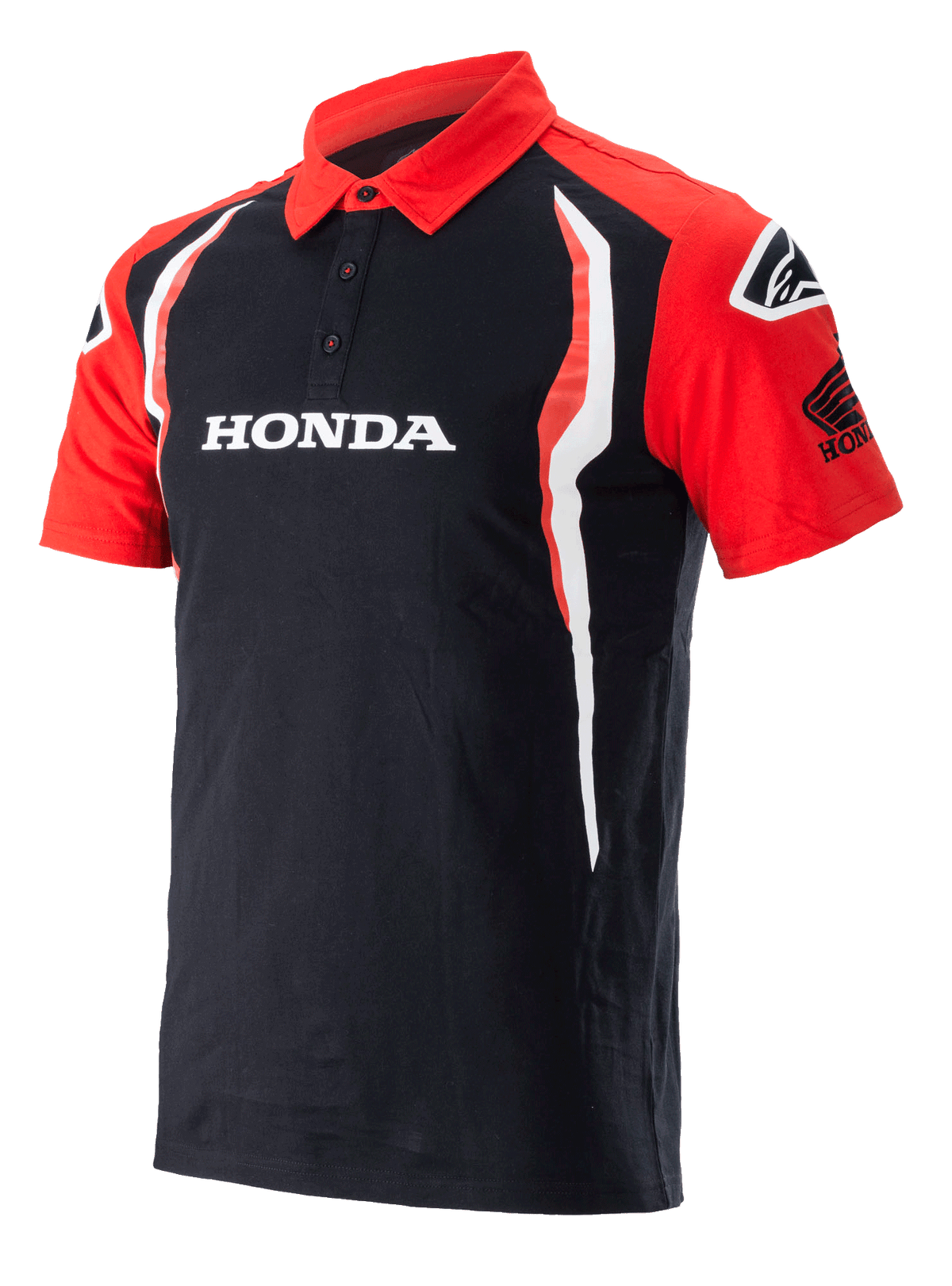 Alpinestars Honda Polo, kortærmet poloshirt, sort og rød, med tre-knaps stolpelukning, hvidt Honda-logo på brystet, Honda-vingelogo på ærmet og vertikale hvide og røde sideaccenter