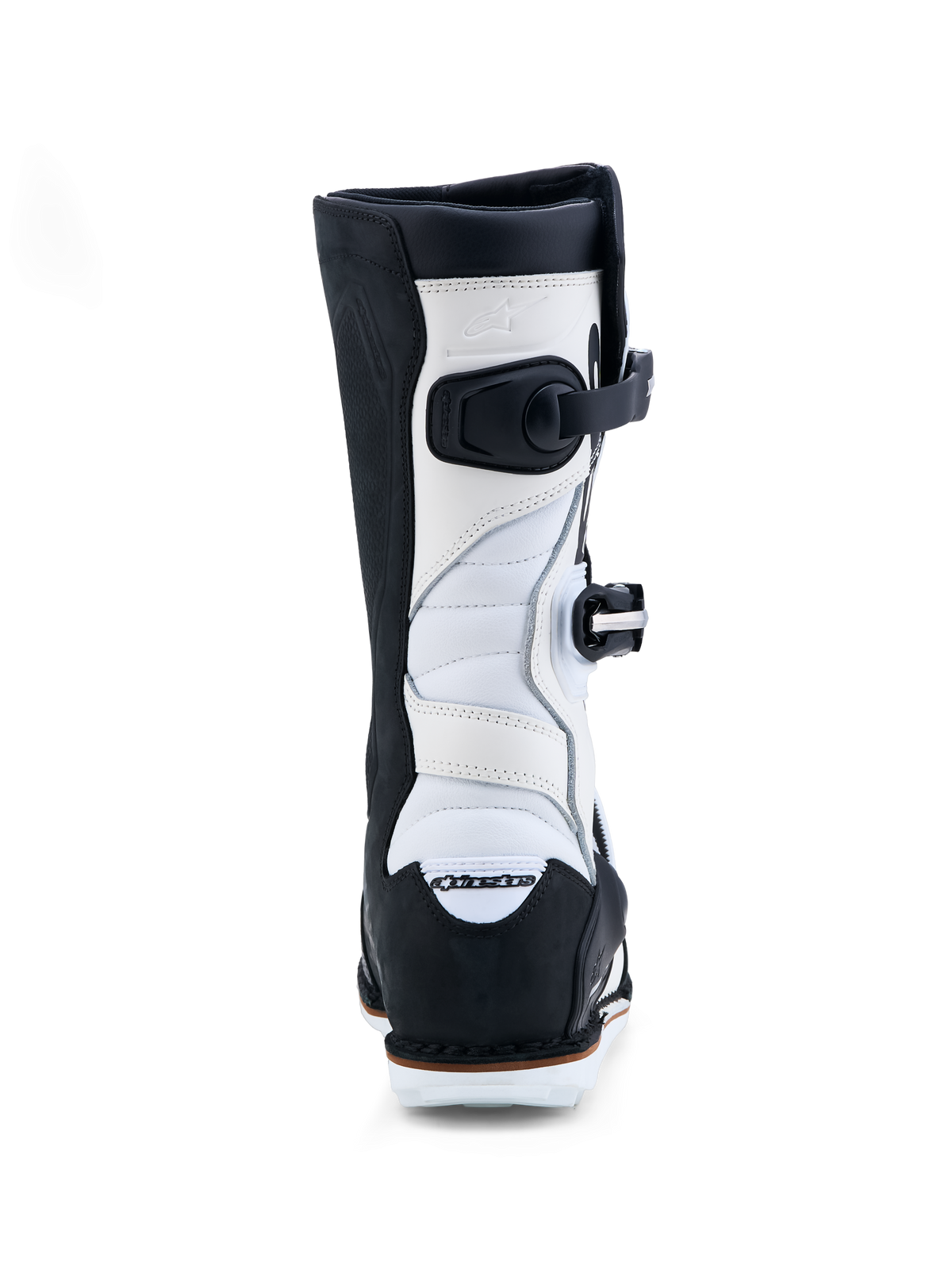 Alpinestars Tech-T Boots, Black and White trials motorcycle boots with leather construction and accordion stretch zones.