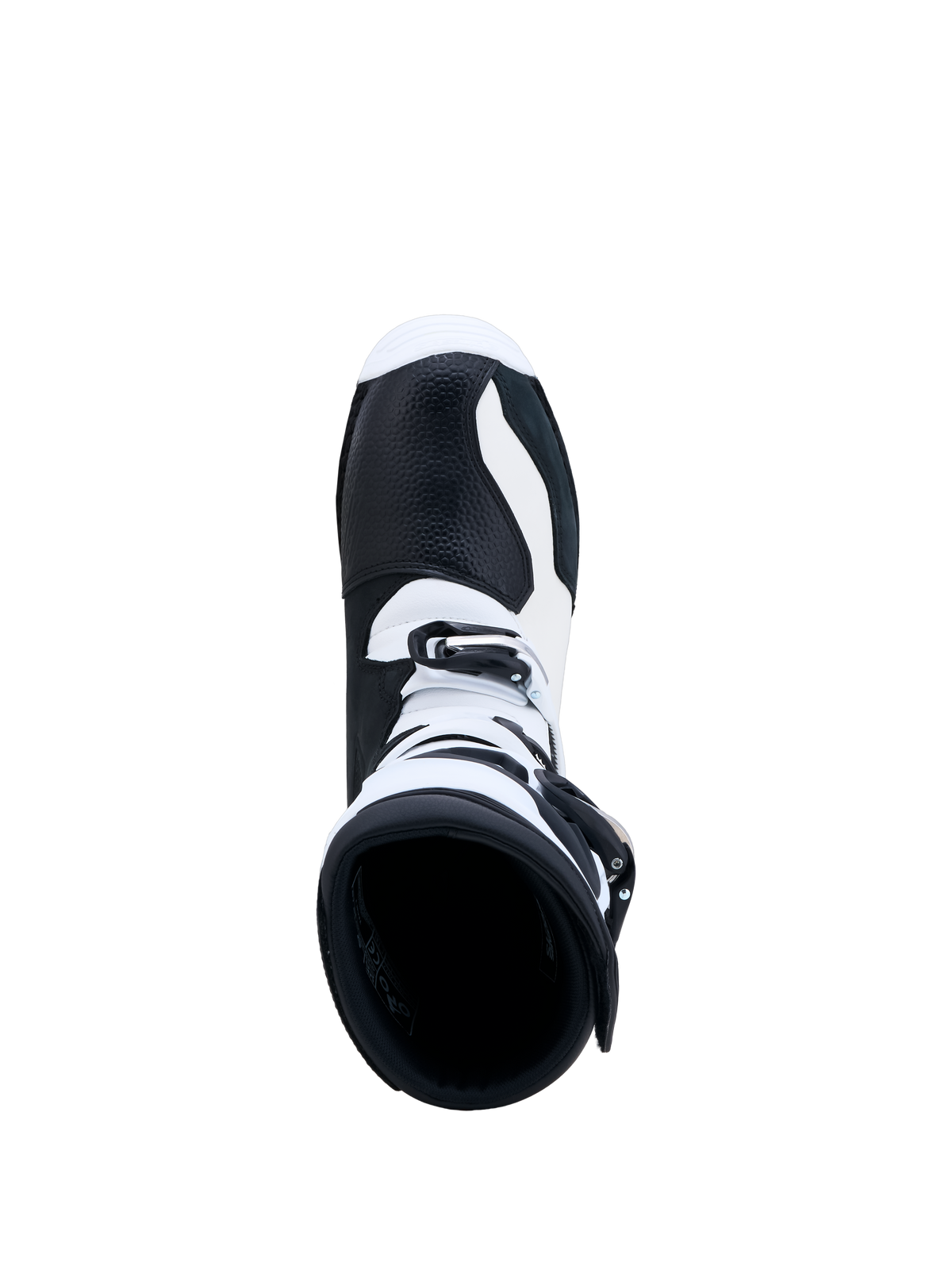 Alpinestars Tech-T Boots, Black and White Trials Motorcycle Boots, top-down view showing leather construction and buckle closure for precision off-road control.