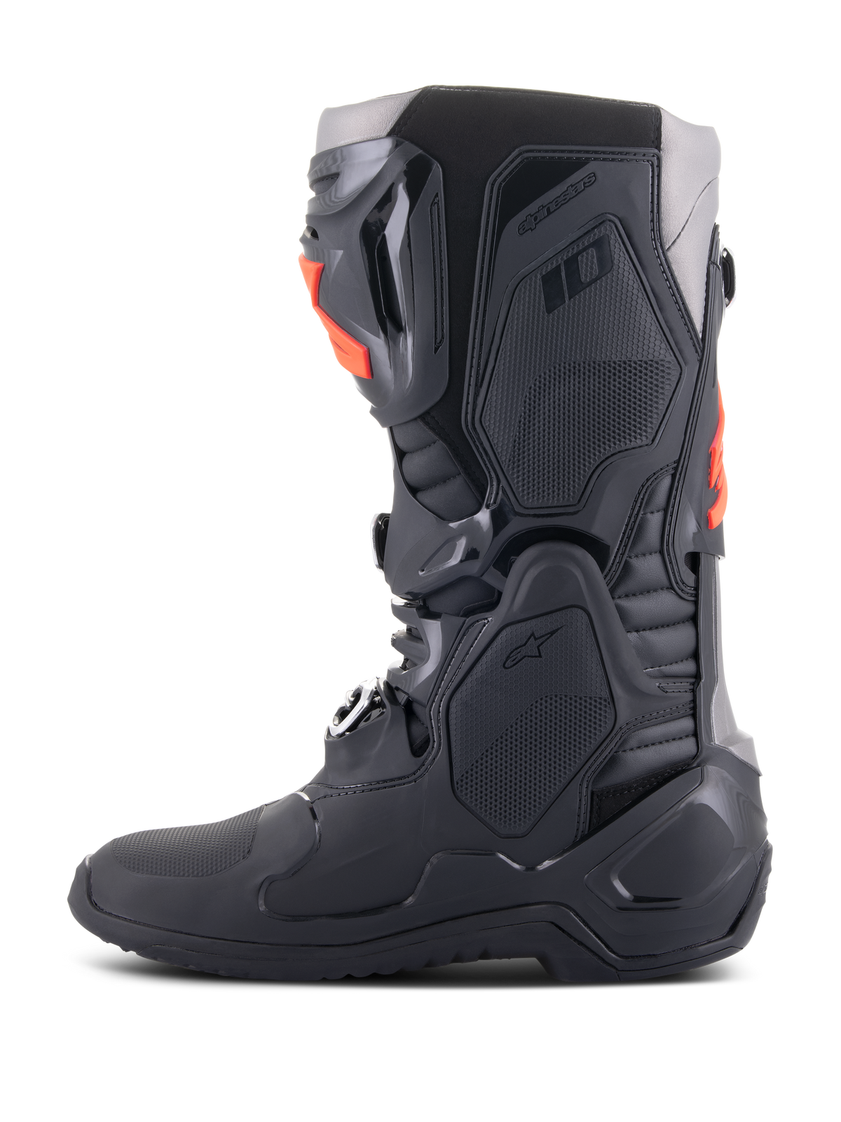 Alpinestars Tech 10 Boots, Motocross Boots, Black and Red Fluo, side profile view, featuring a multi-component chassis with protective TPU plates, aluminum buckles, and a streamlined design for off-road racing.