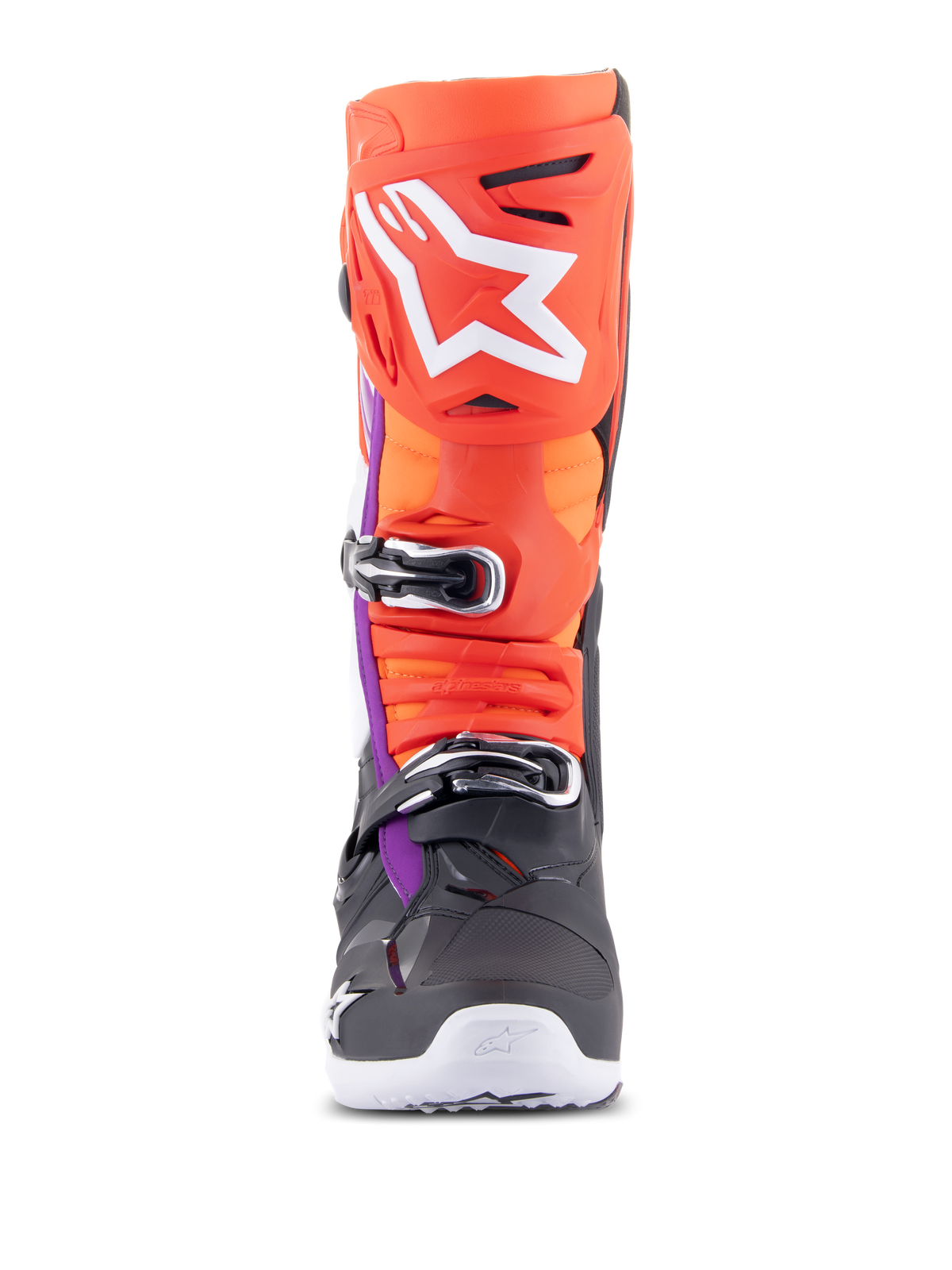Alpinestars Tech 10 støvler, motocross-støvler, sort, rød fluo, orange fluo og hvid med lilla detaljer, set forfra, viser lukkesystem med flere spænder og stort hvidt logo på skinnebensbeskytteren