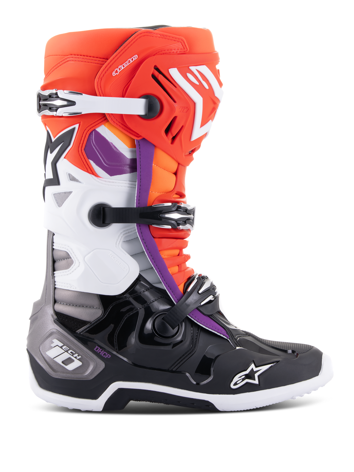 Alpinestars Tech 10 støvler, motocross-støvler, sort, fluo orange, hvide og lilla detaljer, med tredobbelt spændesystem, stjernelogoer på skinneben og tå og DHCP-hælbeskyttelse, profilvisning af off-road racing-fodtøj.
