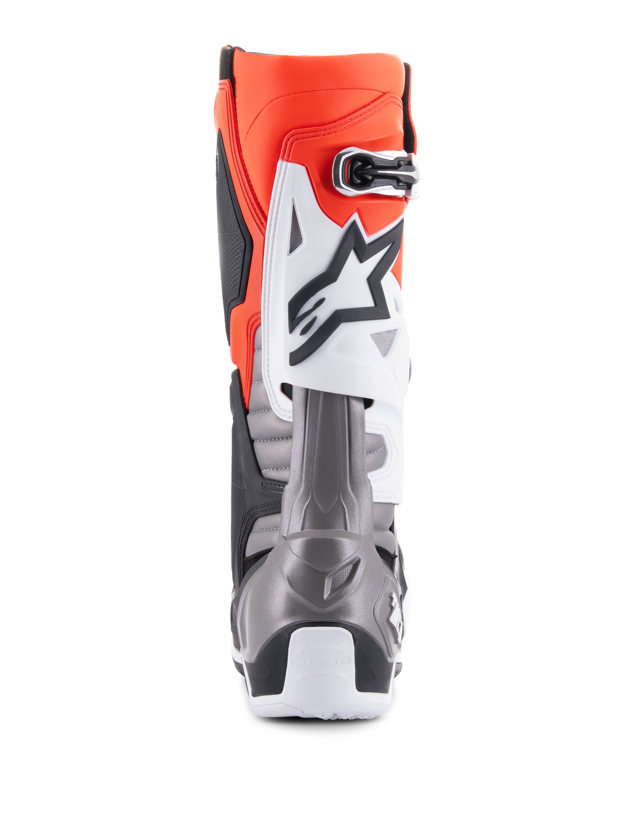 Alpinestars Tech 10 støvler, motocross-støvler, sort, rød fluo, orange fluo og hvid, set bagfra med en klar orange overdel, hvid beskyttelsesplade med sort logo og metallisk grå hælsektion til off-road racerbrug