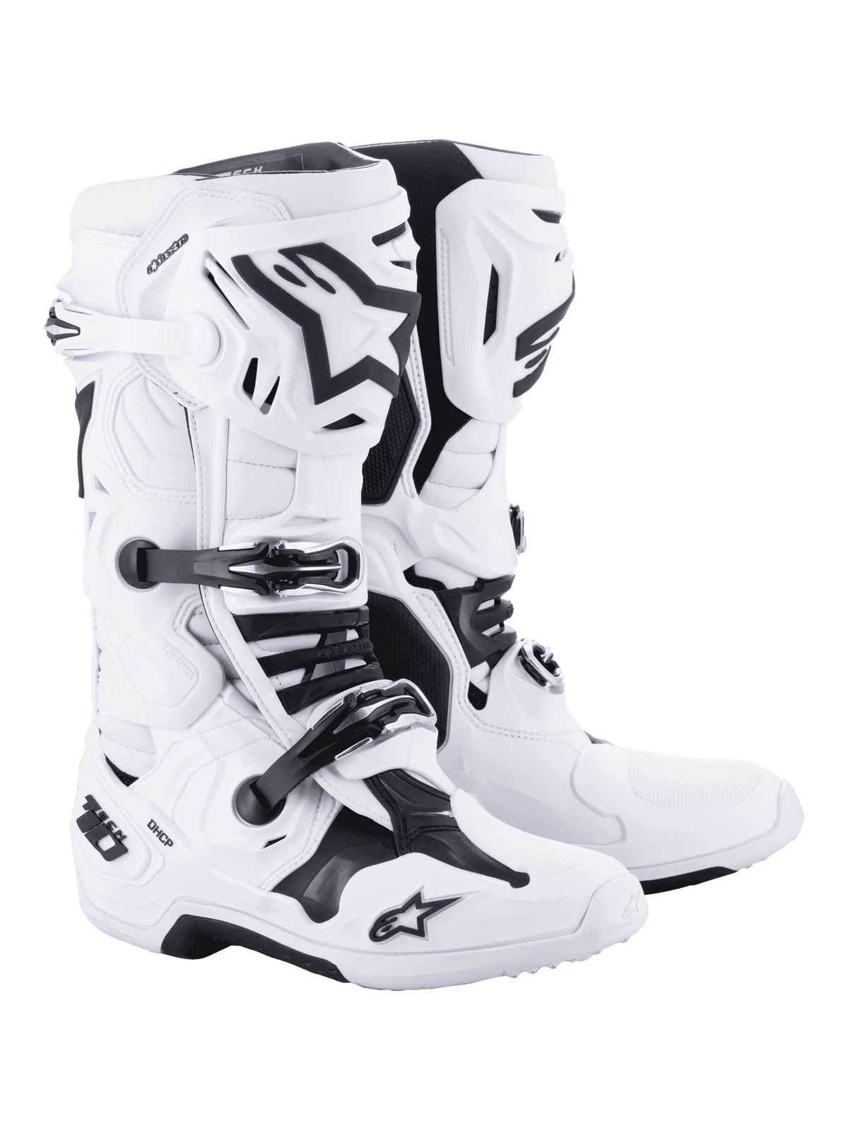 Alpinestars Tech 10 motocross-støvler, hvide med sorte detaljer, robust højskaftet design med et tredobbelt spændelukkesystem, TPU-skalbeskyttelse og avanceret fleksionskontrol, professionelt fodtøj til terrænkørsel