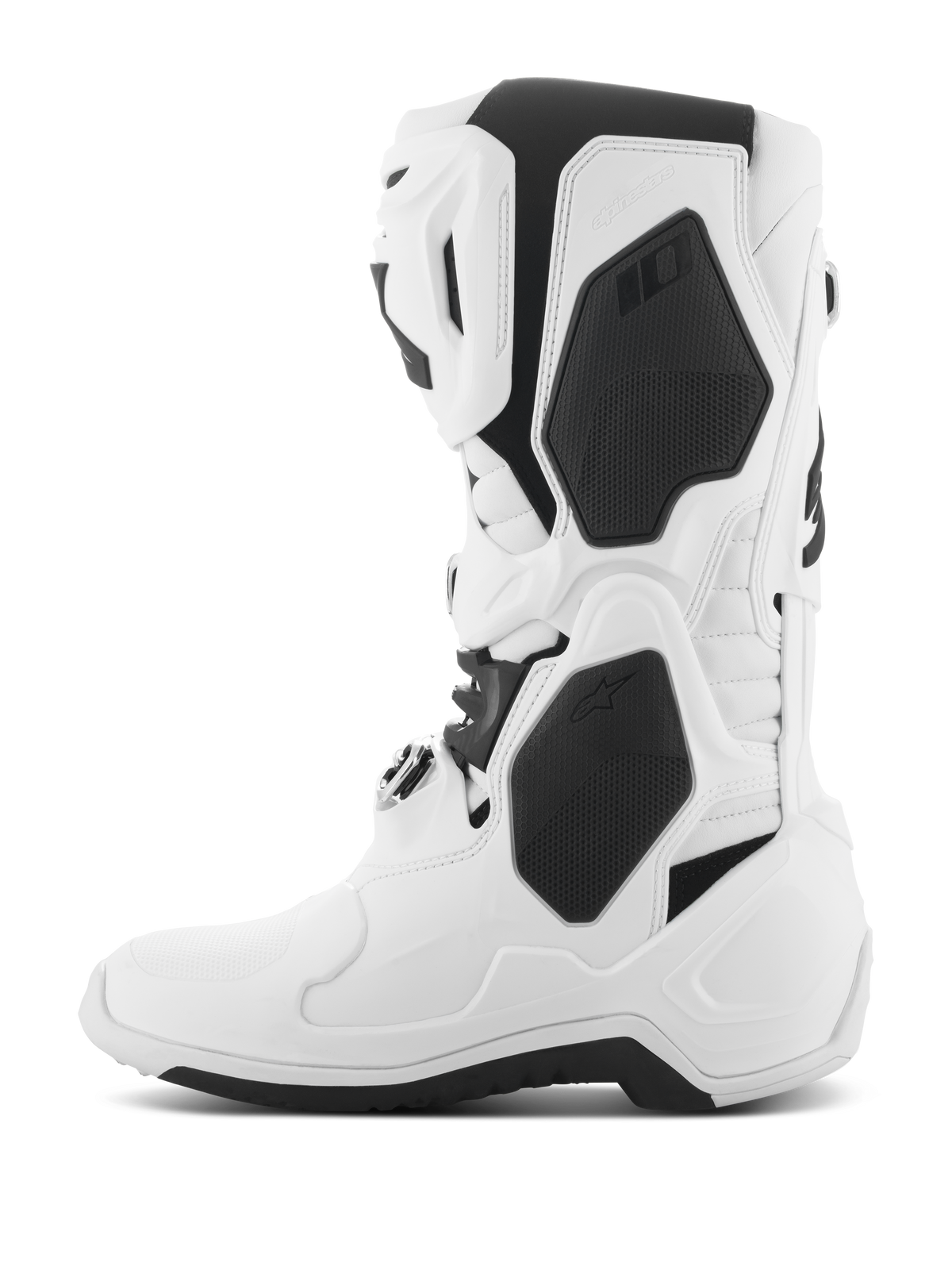 Alpinestars Tech 10 støvler, motocross-støvler, hvid med sorte detaljer, sideprofil der viser beskyttende TPU-skaller, spændelukningssystem og højtydende strømlinet design til off-road racing