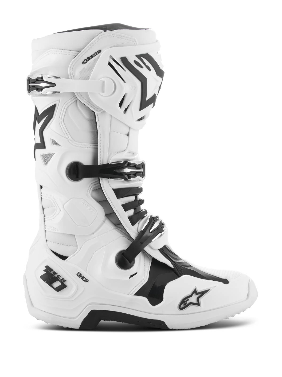 Alpinestars Tech 10 støvler, motocross-støvler, hvid og sort, tredobbelt spændelukkesystem, forstærket TPU-skal med 'Tech 10' og 'DHCP' branding, tyk robust sål, CE-certificeret beskyttende fodtøj til off-road kørsel