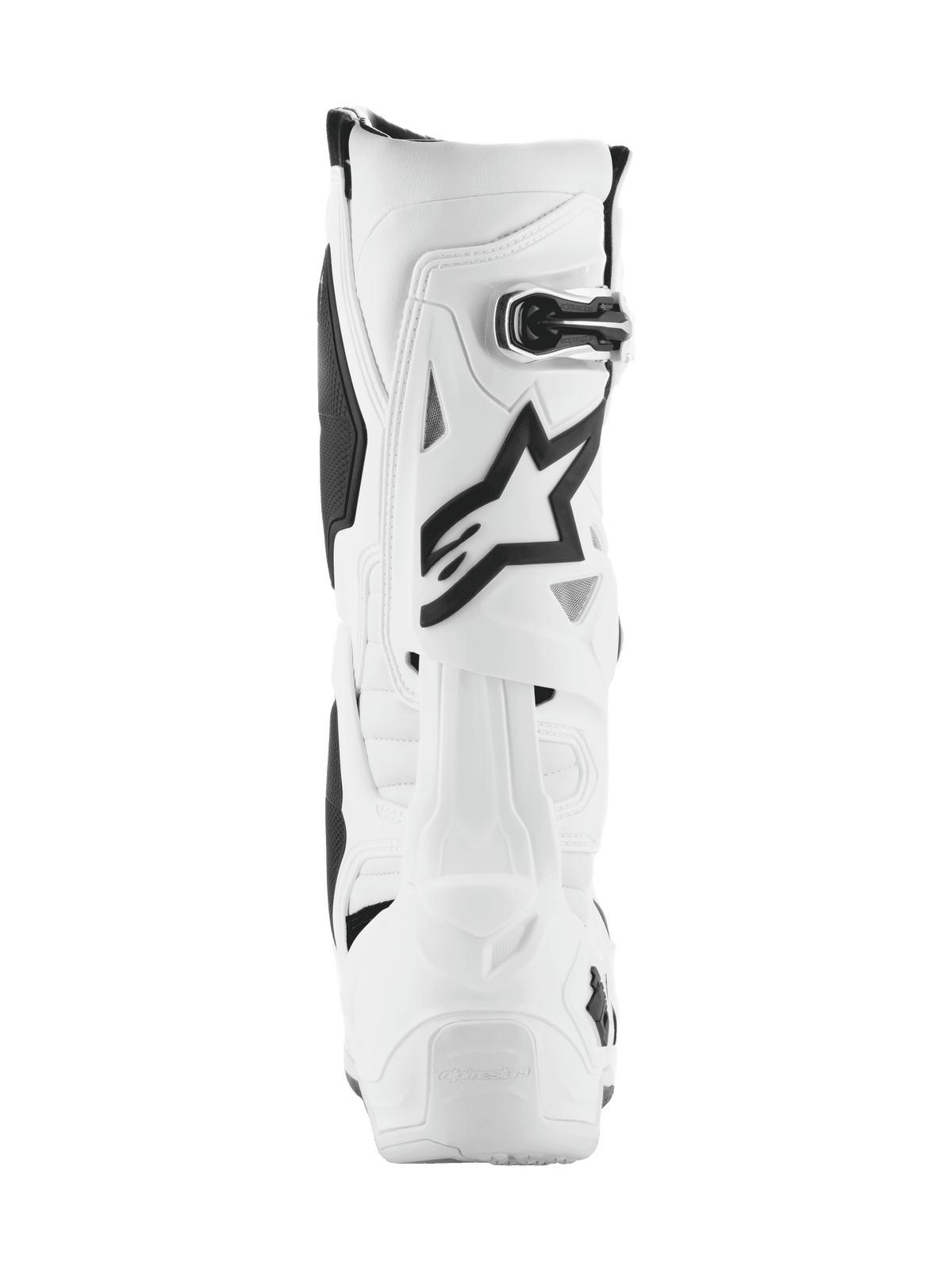 Alpinestars Tech 10-støvler, motocross-støvler, hvide med sorte detaljer, set bagfra med det sorte Astar-logo og spændelukning, avanceret beskyttelsesdesign til off-road racing
