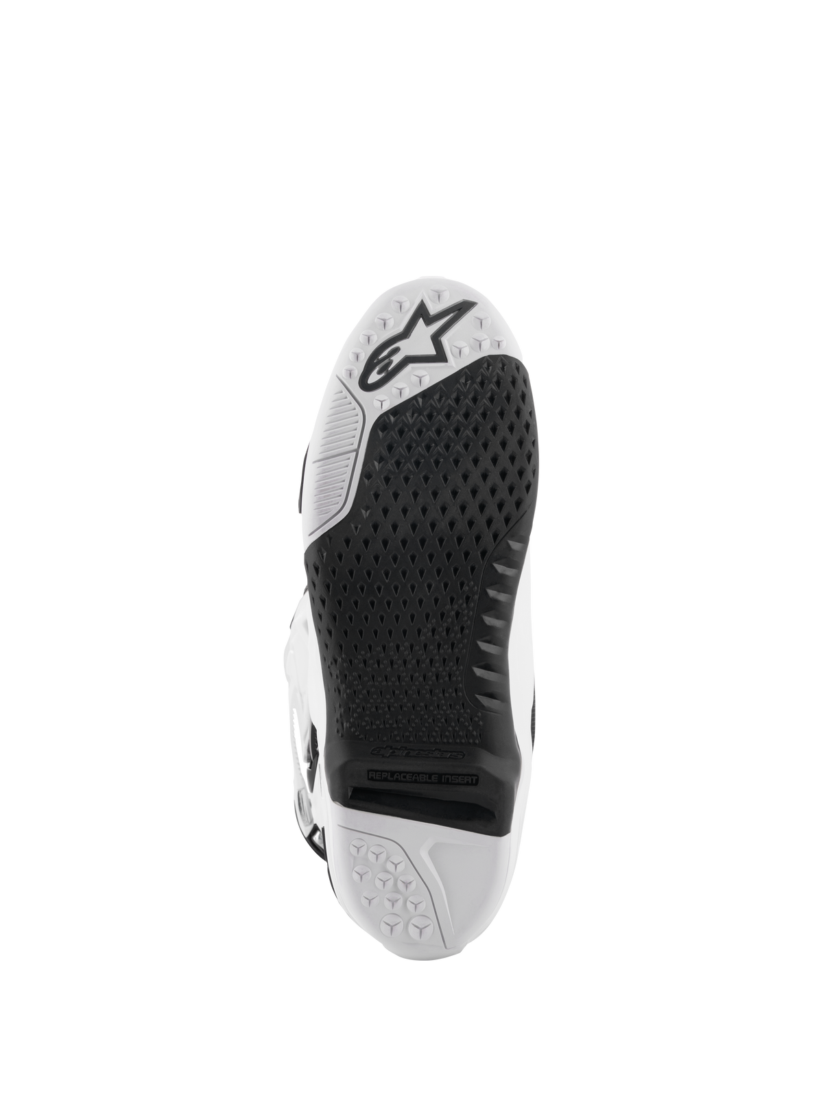Alpinestars Tech 10 støvler, motocross-støvler, hvid og sort, undersiden af sålen med et tekstureret grebsmønster, Alpinestars-logo og en udskiftelig midterindsats til off-road racing