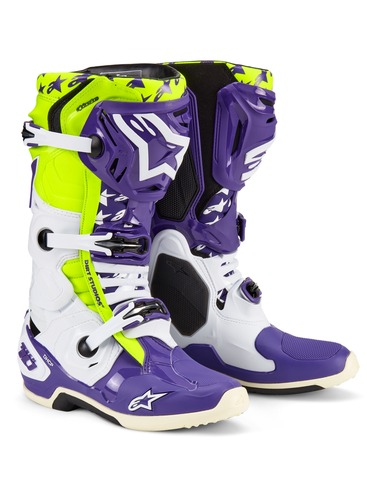 Alpinestars Tech 10 Dirt Studios LE Boots, Motocross Boots, White Purple and Yellow Fluo, featuring white and purple protective shells with fluo yellow accents, 'Dirt Studios' branding, and white buckles, limited edition high-performance off-road footwear