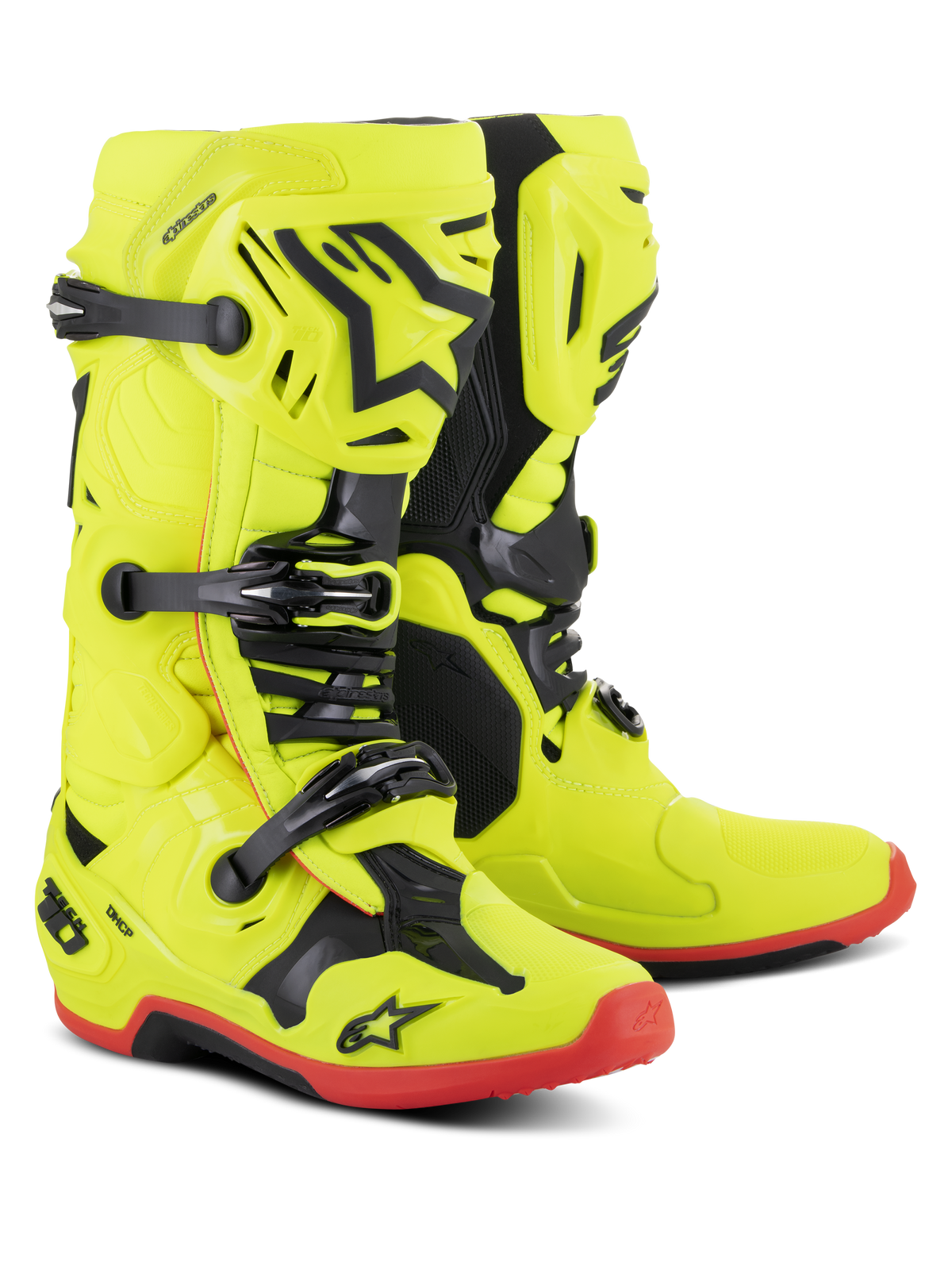 Alpinestars Tech 10 støvler, motocross-støvler, gul fluo med sorte og rød fluo detaljer, tredobbelt spændesystem, TPU-skal med Alpinestars stjernelogo, røde såler, professionelt off-road racerudstyr